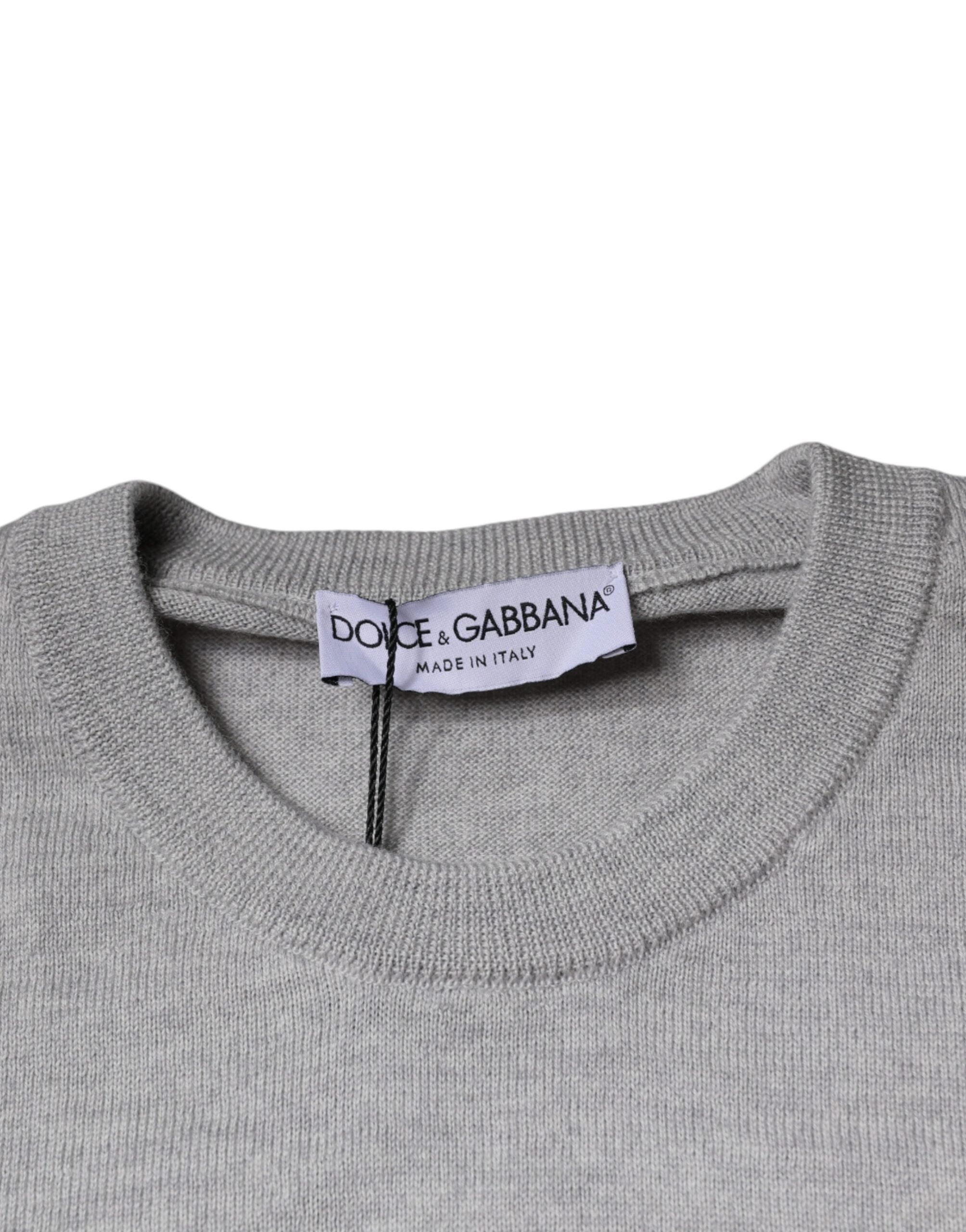 Pulover Dolce & Gabbana gri deschis din lână cu guler rotund
