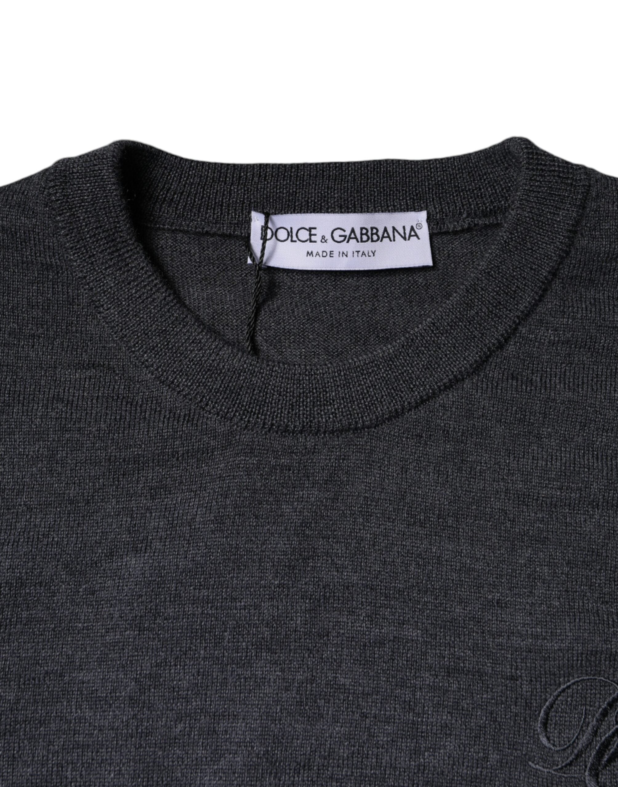 Pulover Dolce & Gabbana gri închis din lână cu guler rotund