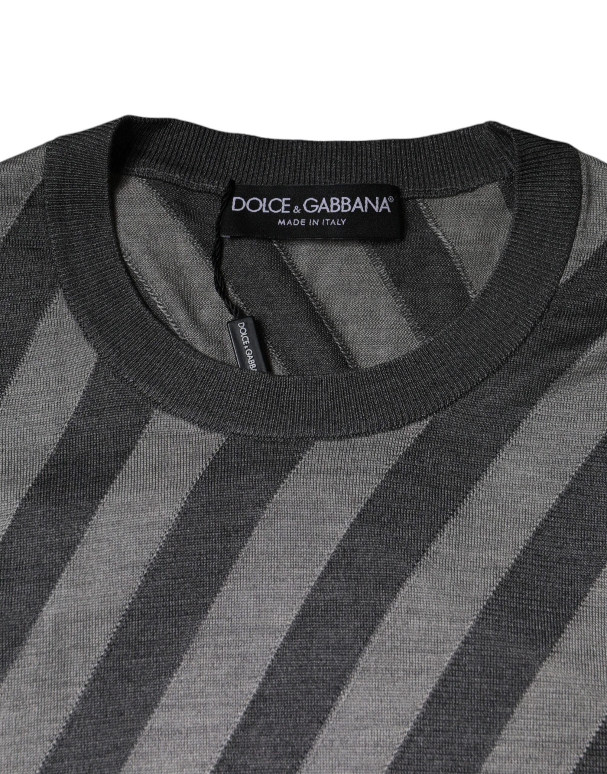 Pulover Dolce & Gabbana gri cu dungi și mânecă lungă și guler rotund