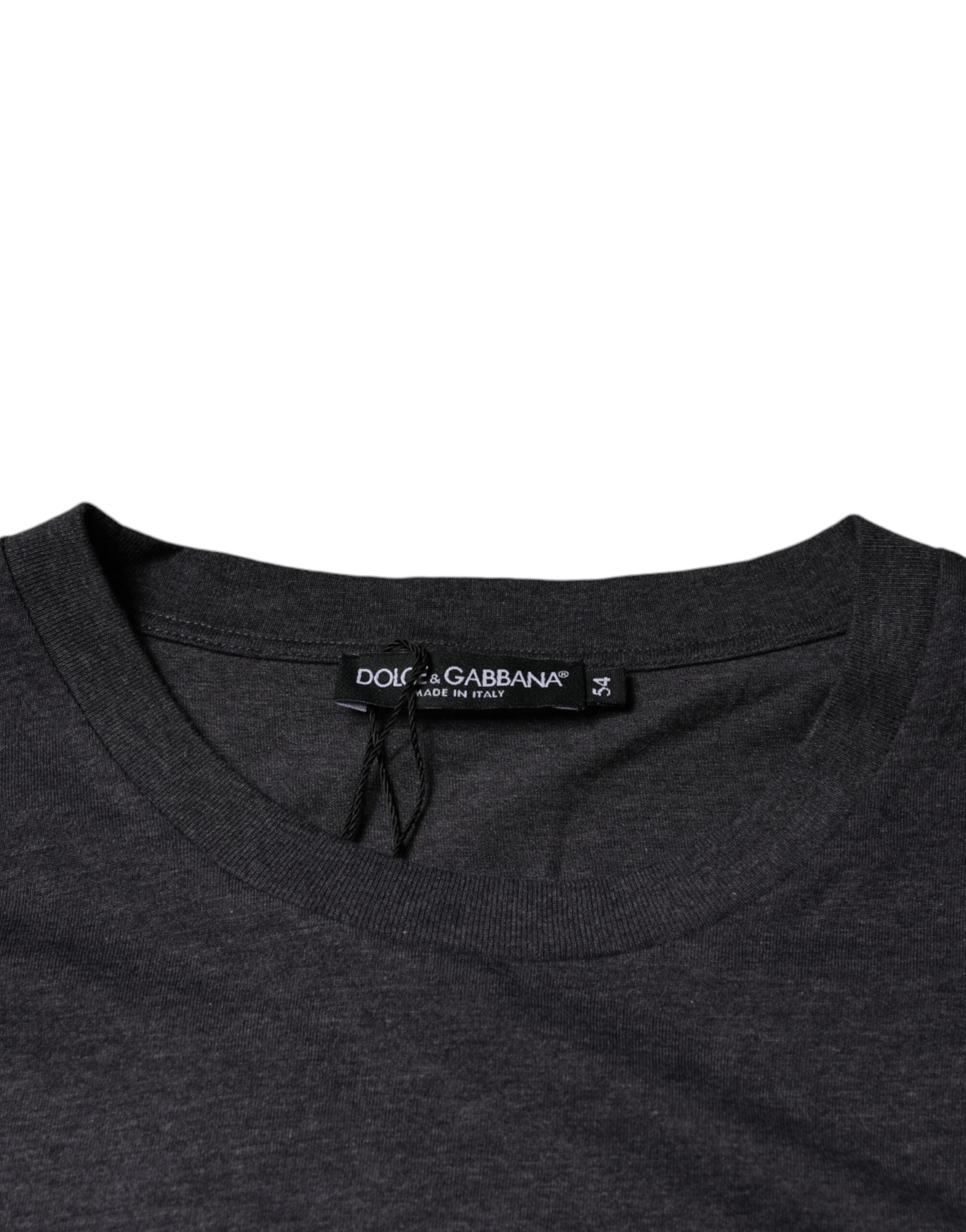 Tricou Dolce & Gabbana gri cu logo și etichetă din bumbac, guler rotund