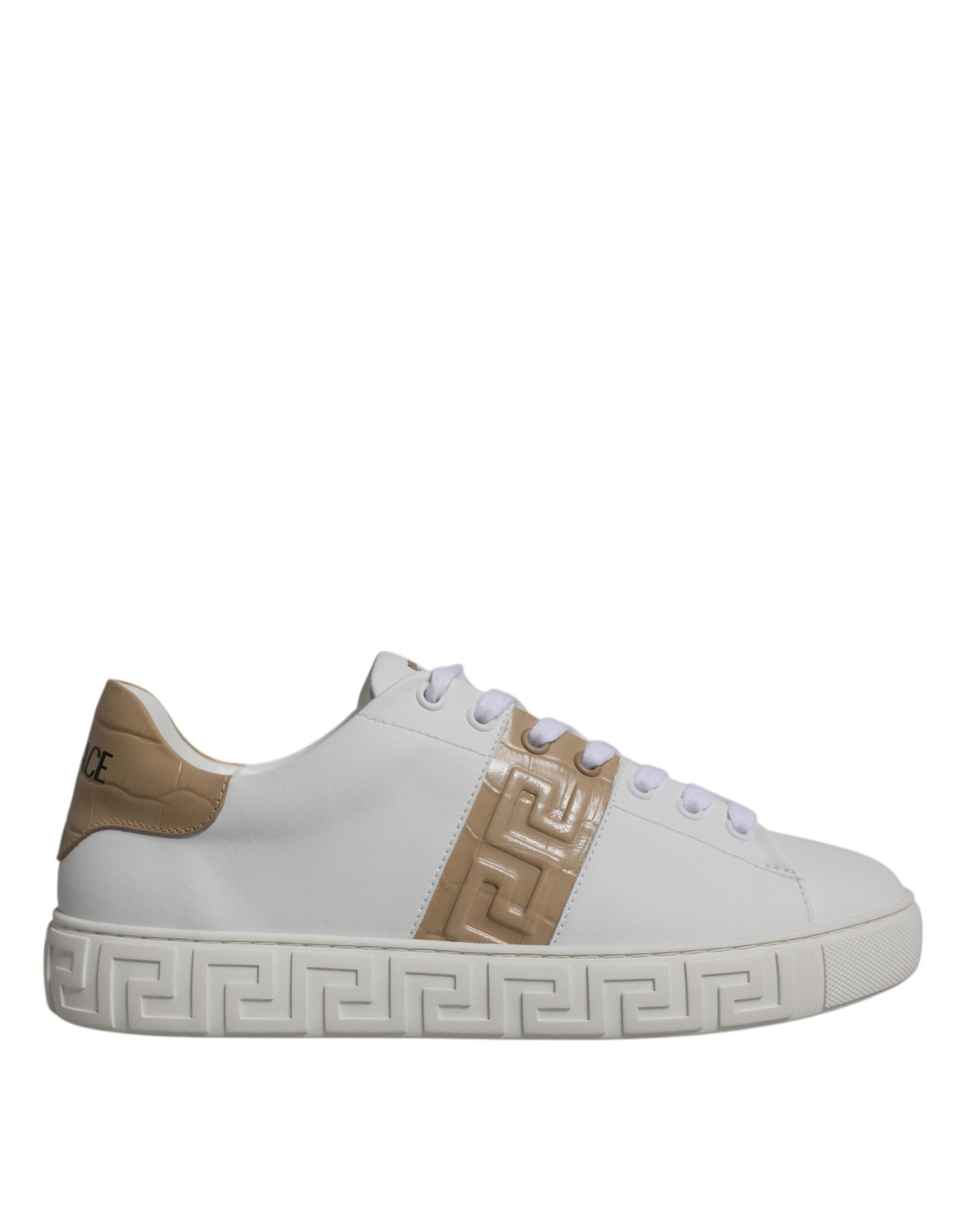 Versace Pantofi sport pentru bărbați cu imprimeu Greca, alb-maro, din TPU, cu talpă joasă, model Greca, culoare maro