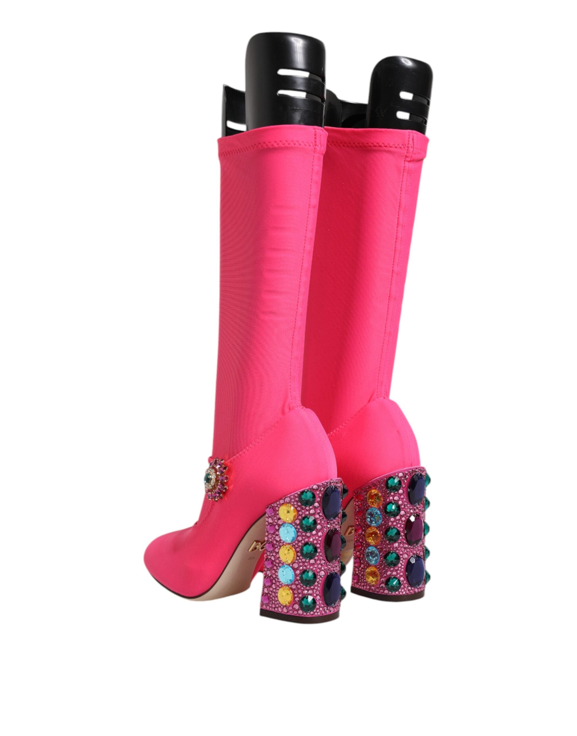Dolce & Gabbana Rosa Nylon Crystal Vally Hohe Stiefel Schuhe