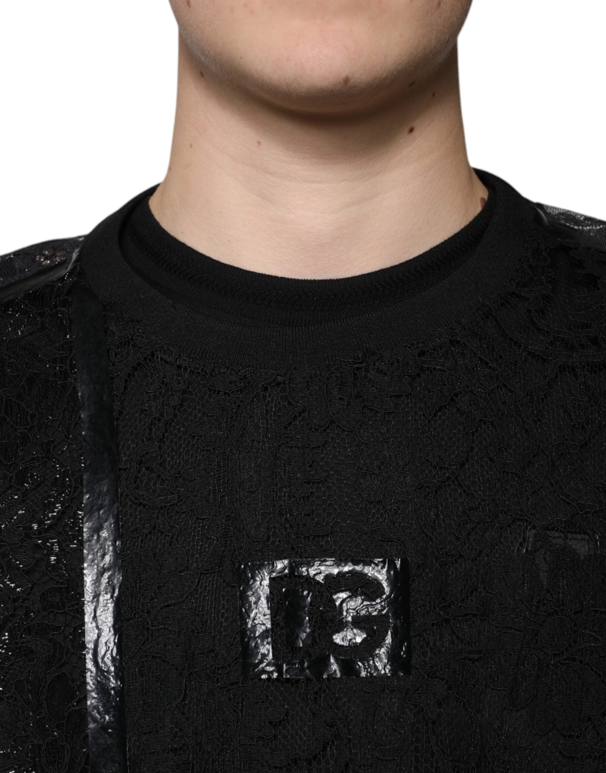 Dolce & Gabbana – Schwarzes T-Shirt mit Rundhalsausschnitt aus Nylon mit Blumenspitze