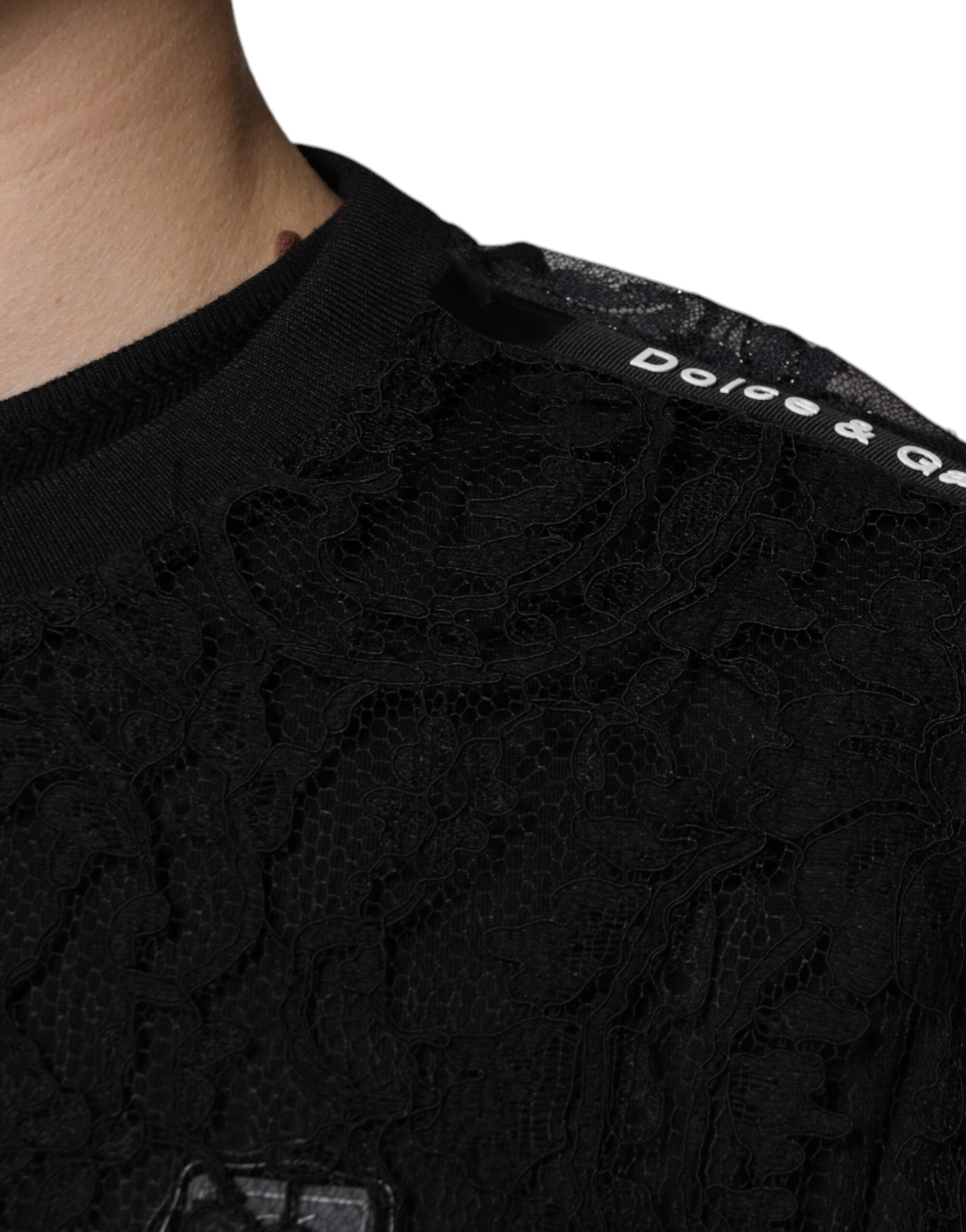 Dolce & Gabbana – Schwarzes T-Shirt mit Rundhalsausschnitt aus Nylon mit Blumenspitze