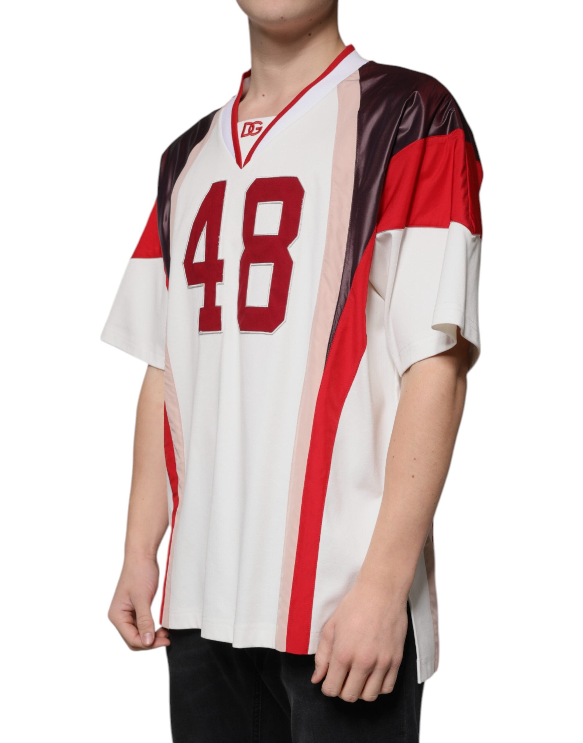 Dolce & Gabbana T-Shirt aus Jersey-Baumwolle mit V-Ausschnitt und mehrfarbigem Logo