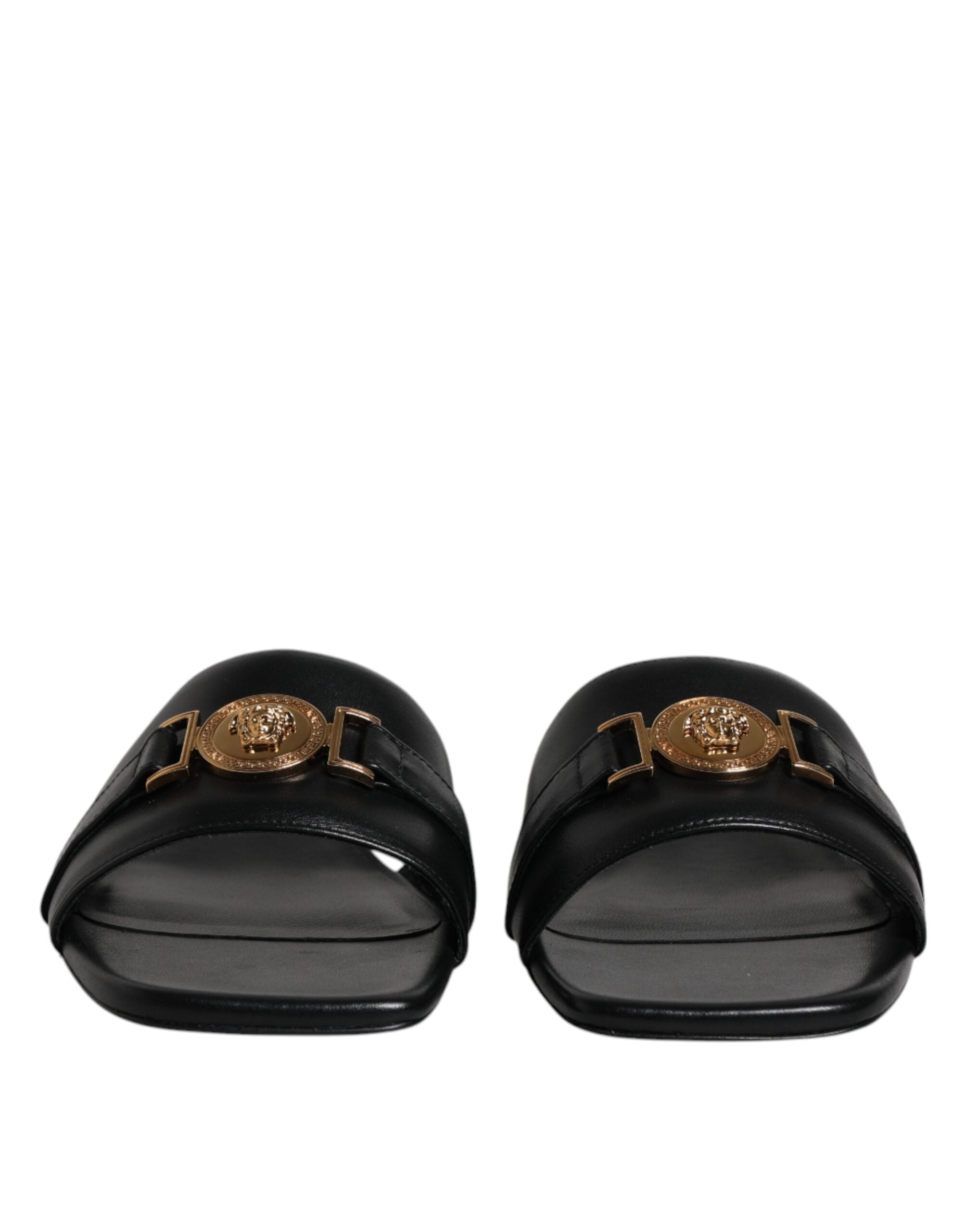 Sandale Versace negre din piele cu placă cu logo
