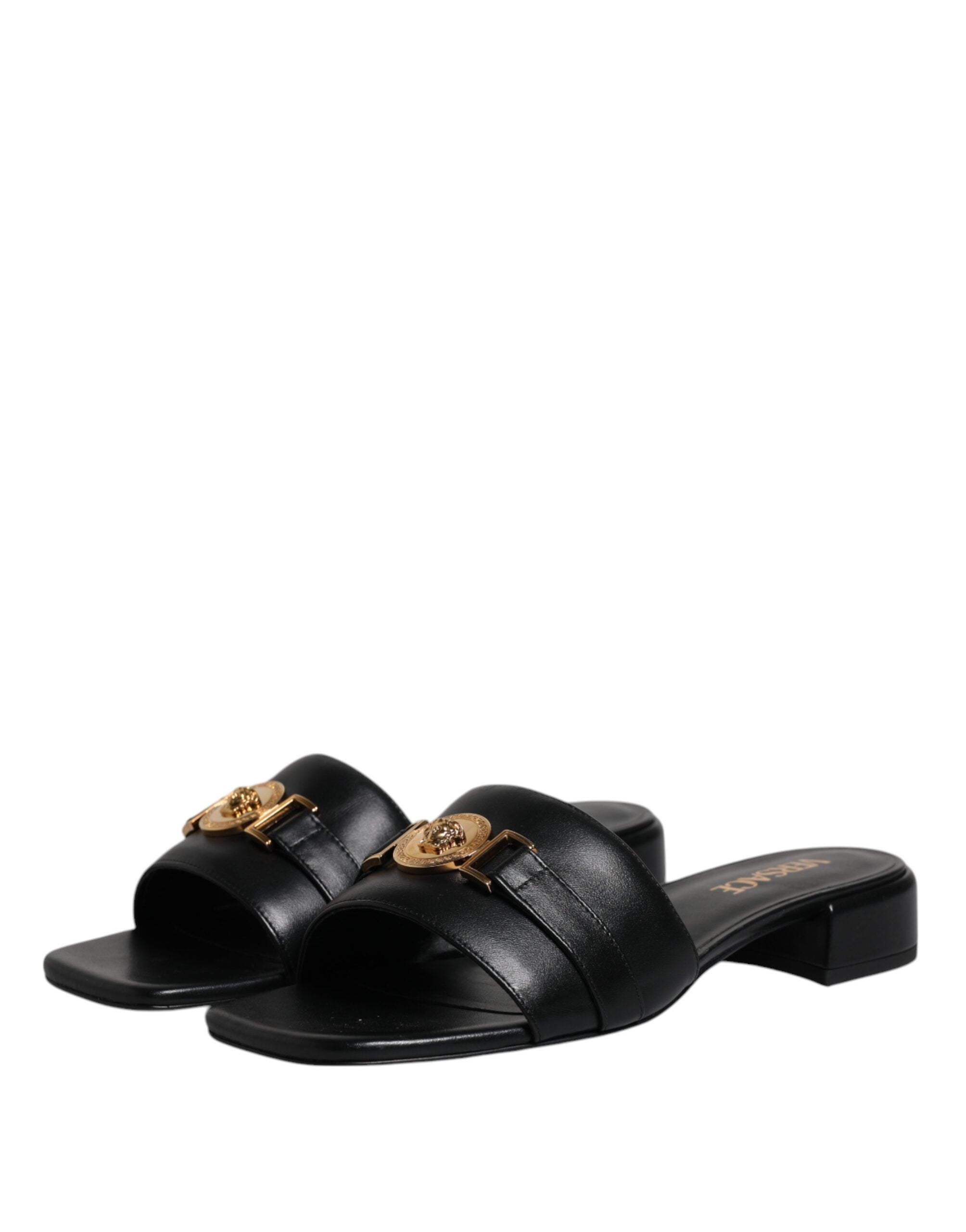 Sandale Versace negre din piele cu placă cu logo
