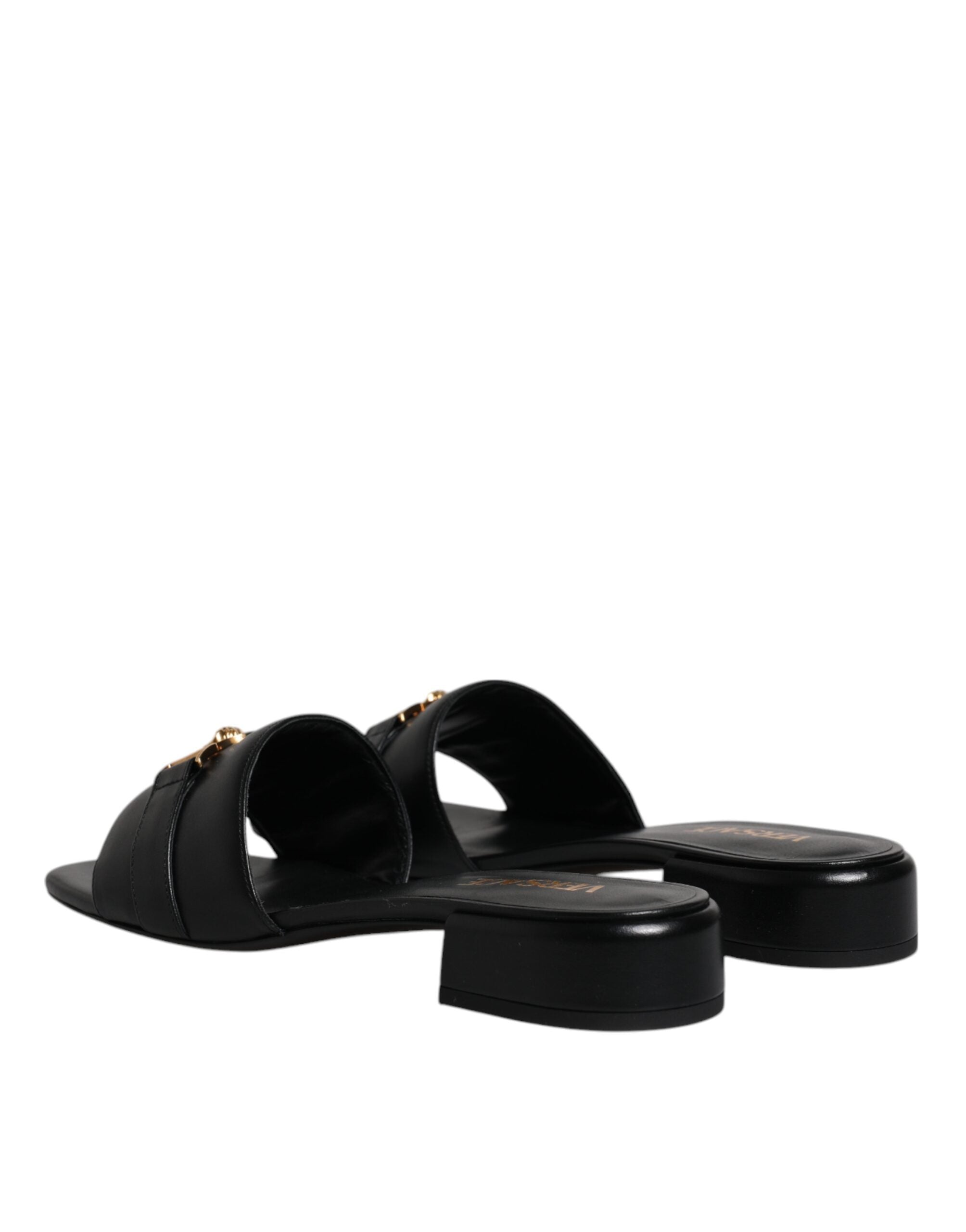 Sandale Versace negre din piele cu placă cu logo