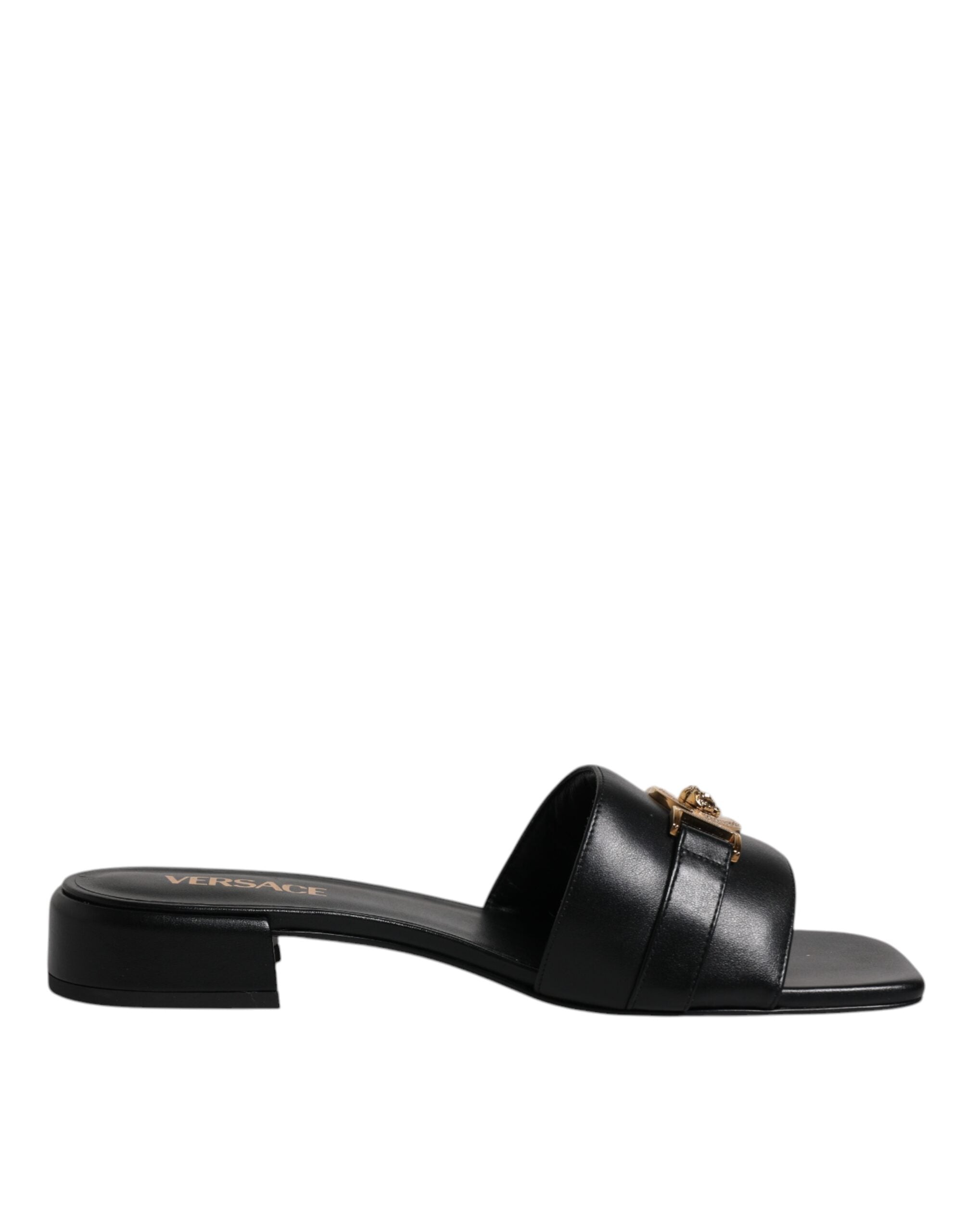 Sandale Versace negre din piele cu placă cu logo
