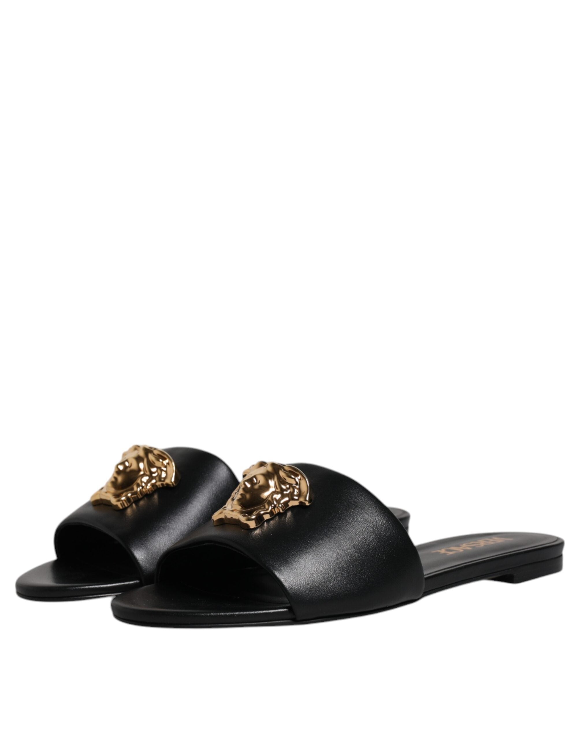Sandale Versace negre din piele cu placă cu logo