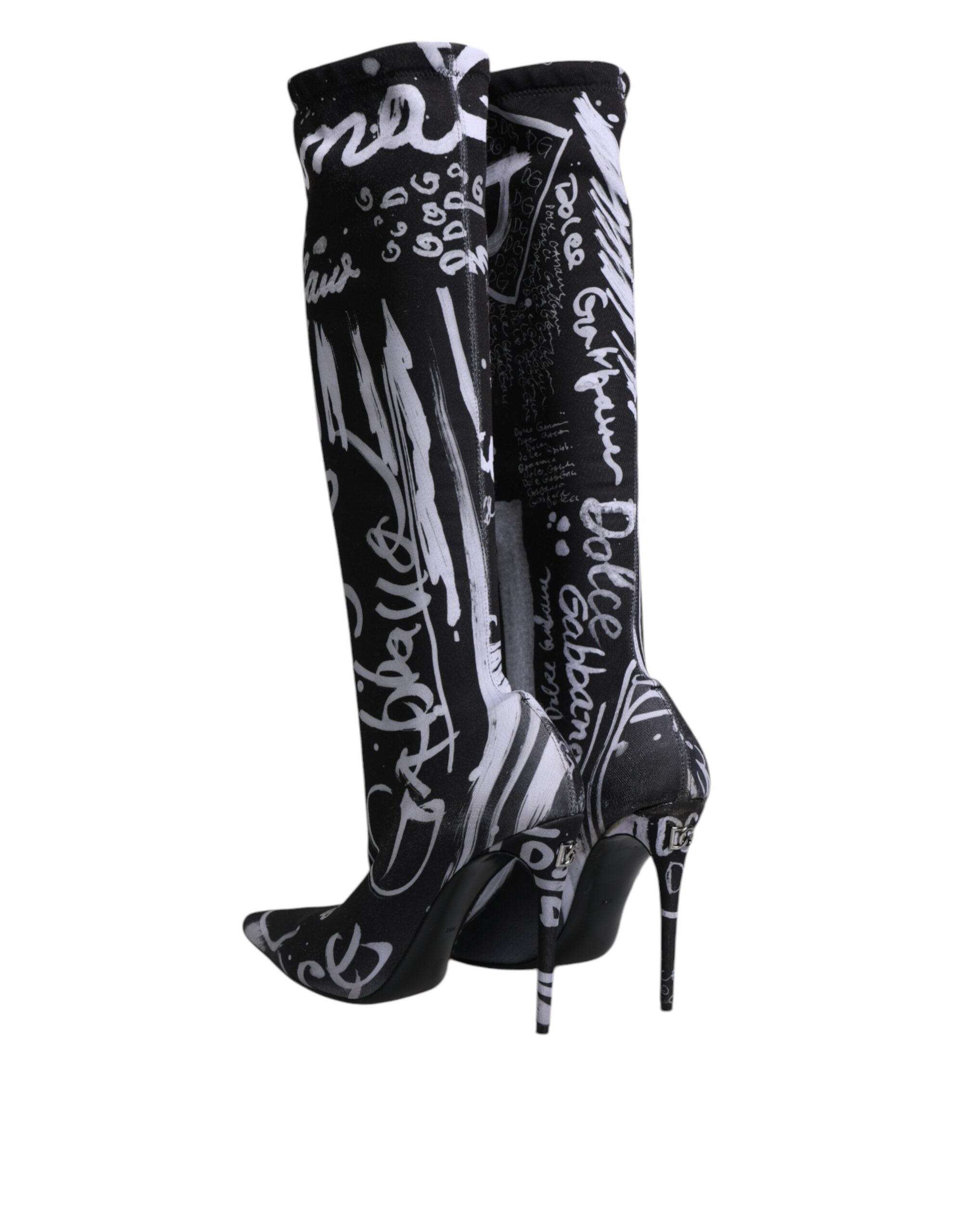 Dolce & Gabbana Schwarze Logo Stretch Heels Hohe Stiefel Schuhe