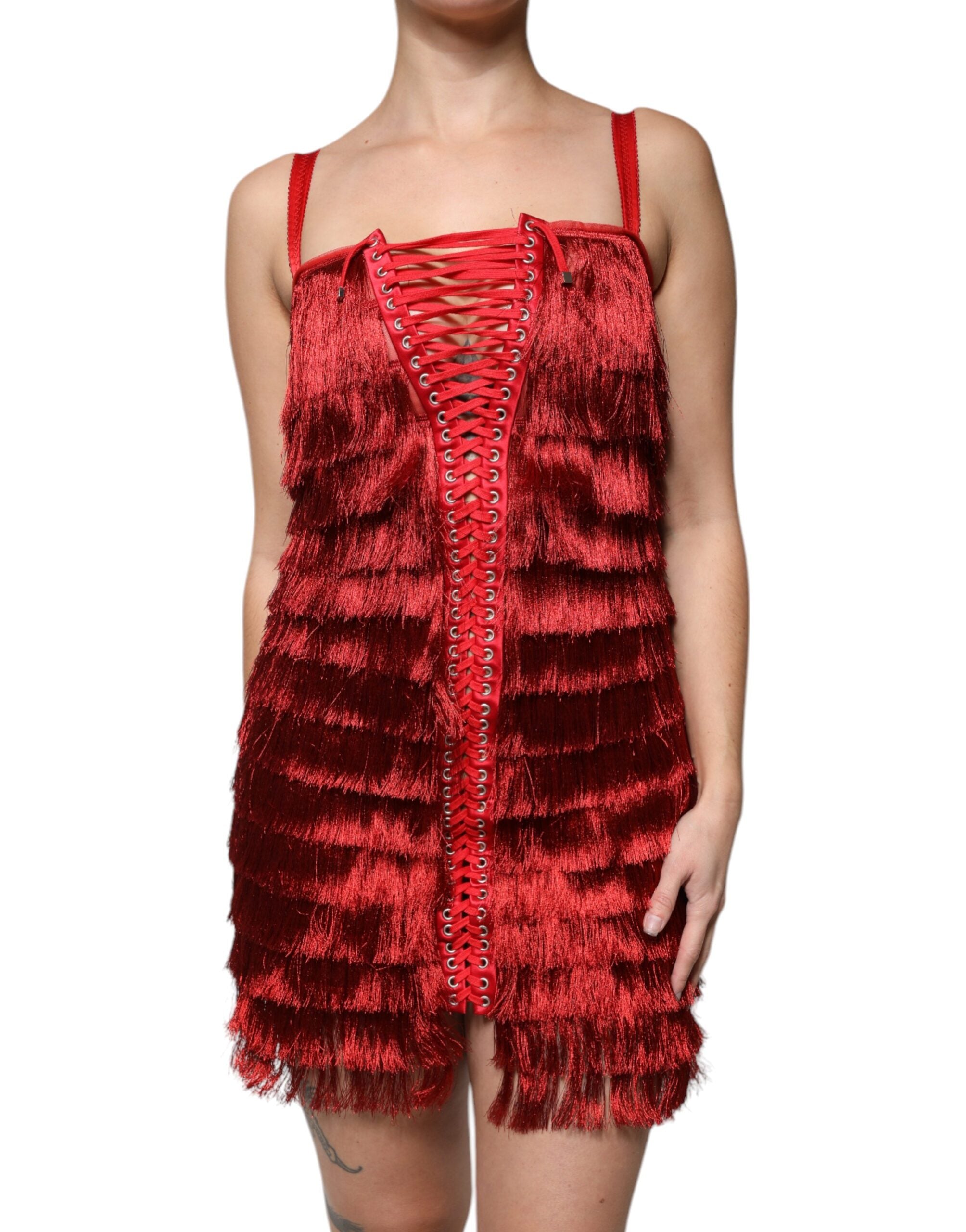 Rochie mini Dolce & Gabbana roșie din dantelă, fără mâneci, cu ciucuri