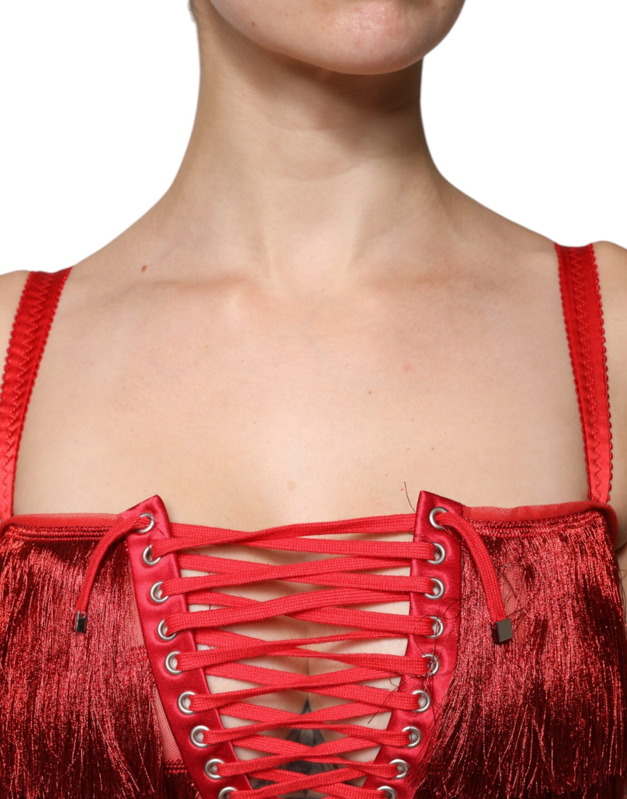Rochie mini Dolce & Gabbana roșie din dantelă, fără mâneci, cu ciucuri
