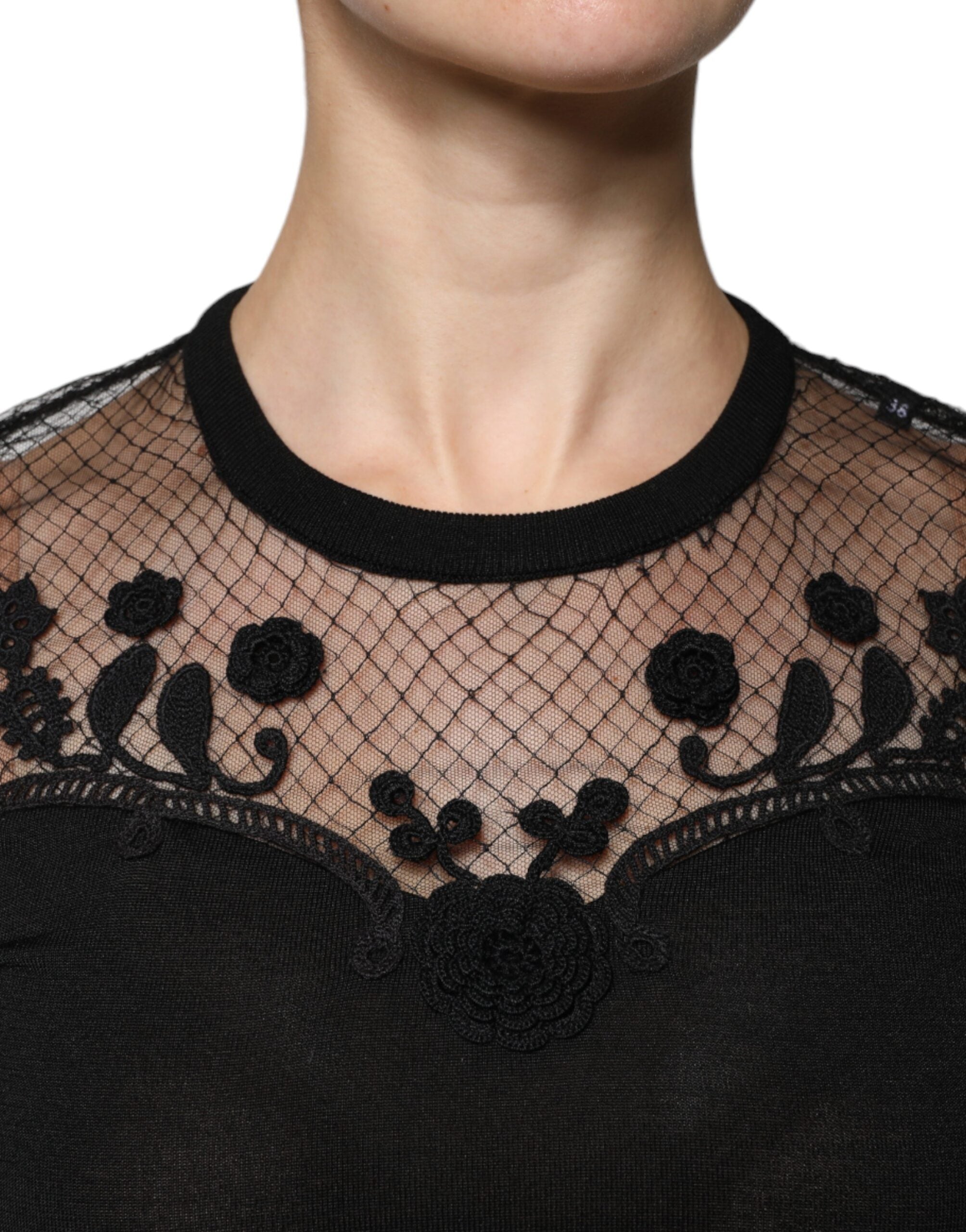 Bluză Dolce & Gabbana neagră cu mâneci scurte și dantelă florală