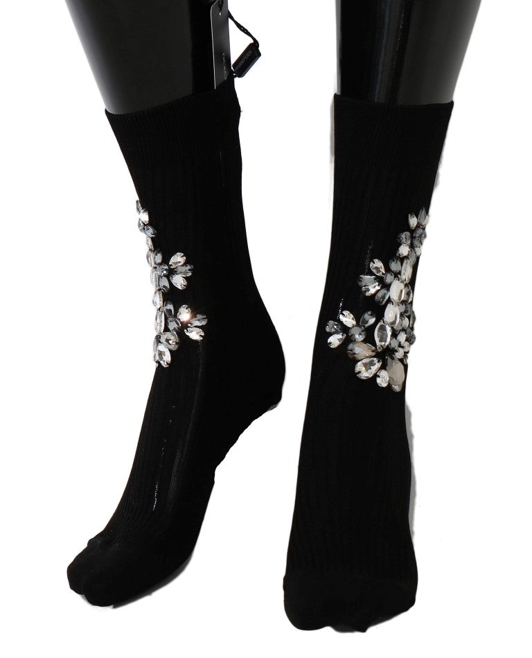 Dolce & Gabbana – Schwarze Strickstrümpfe mit Kristallverzierung