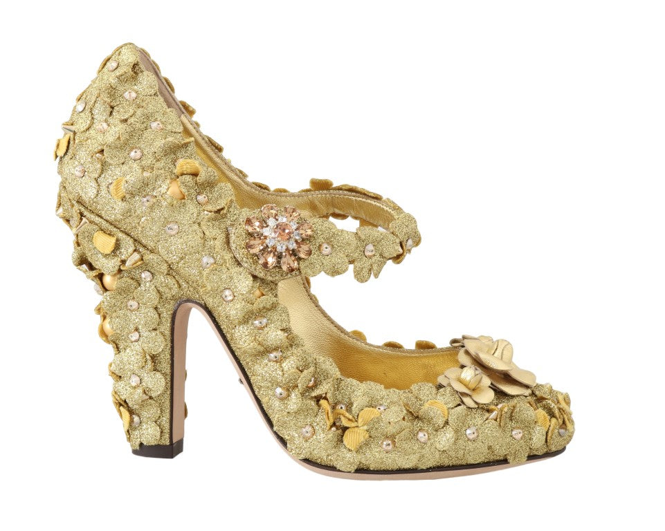 Pantofi cu toc Dolce & Gabbana, model auriu, cu cristale și motive florale