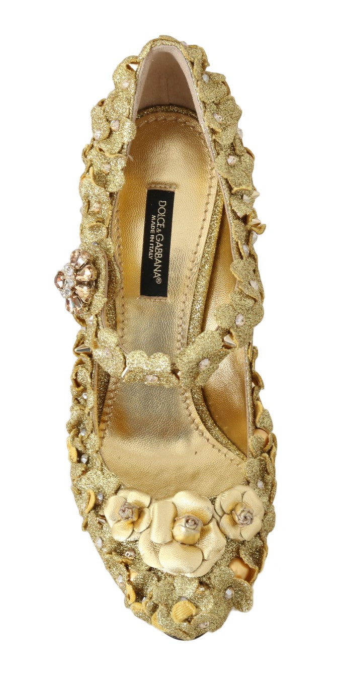Pantofi cu toc Dolce & Gabbana, model auriu, cu cristale și motive florale