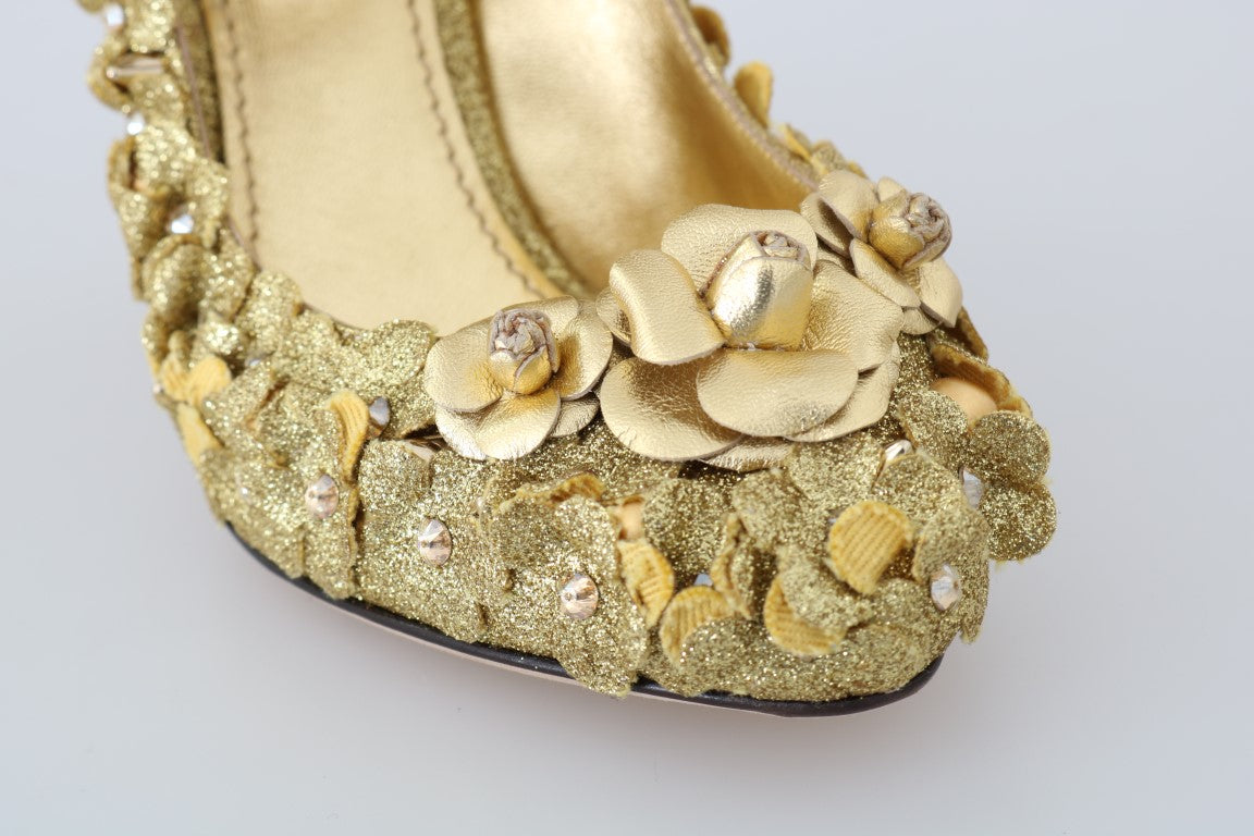 Pantofi cu toc Dolce & Gabbana, model auriu, cu cristale și motive florale