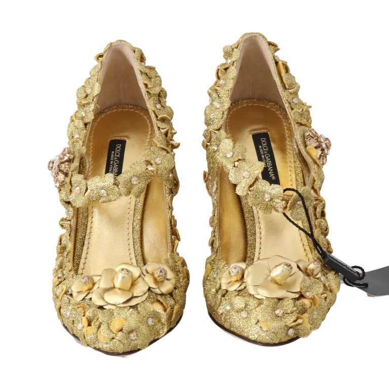Pantofi cu toc Dolce & Gabbana, model auriu, cu cristale și motive florale