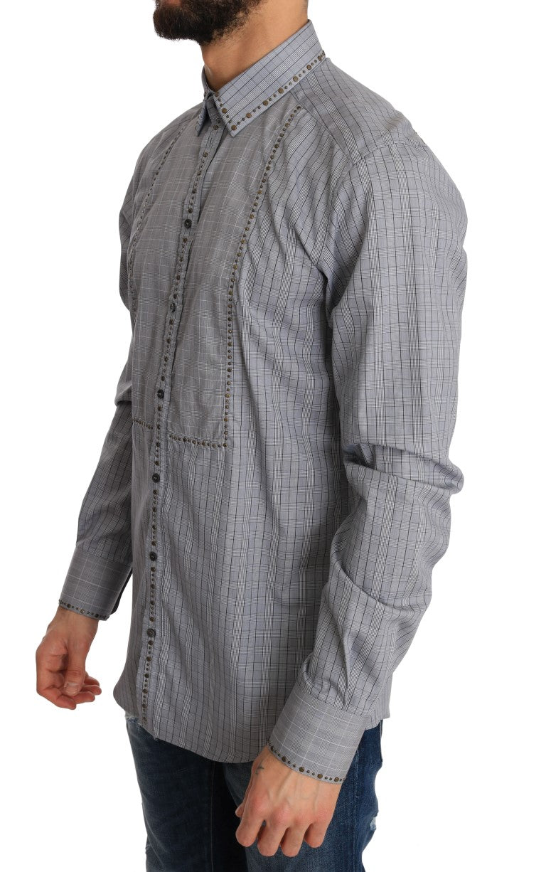 Cămașă elegantă gri în carouri Dolce & Gabbana, croială slim fit, casual