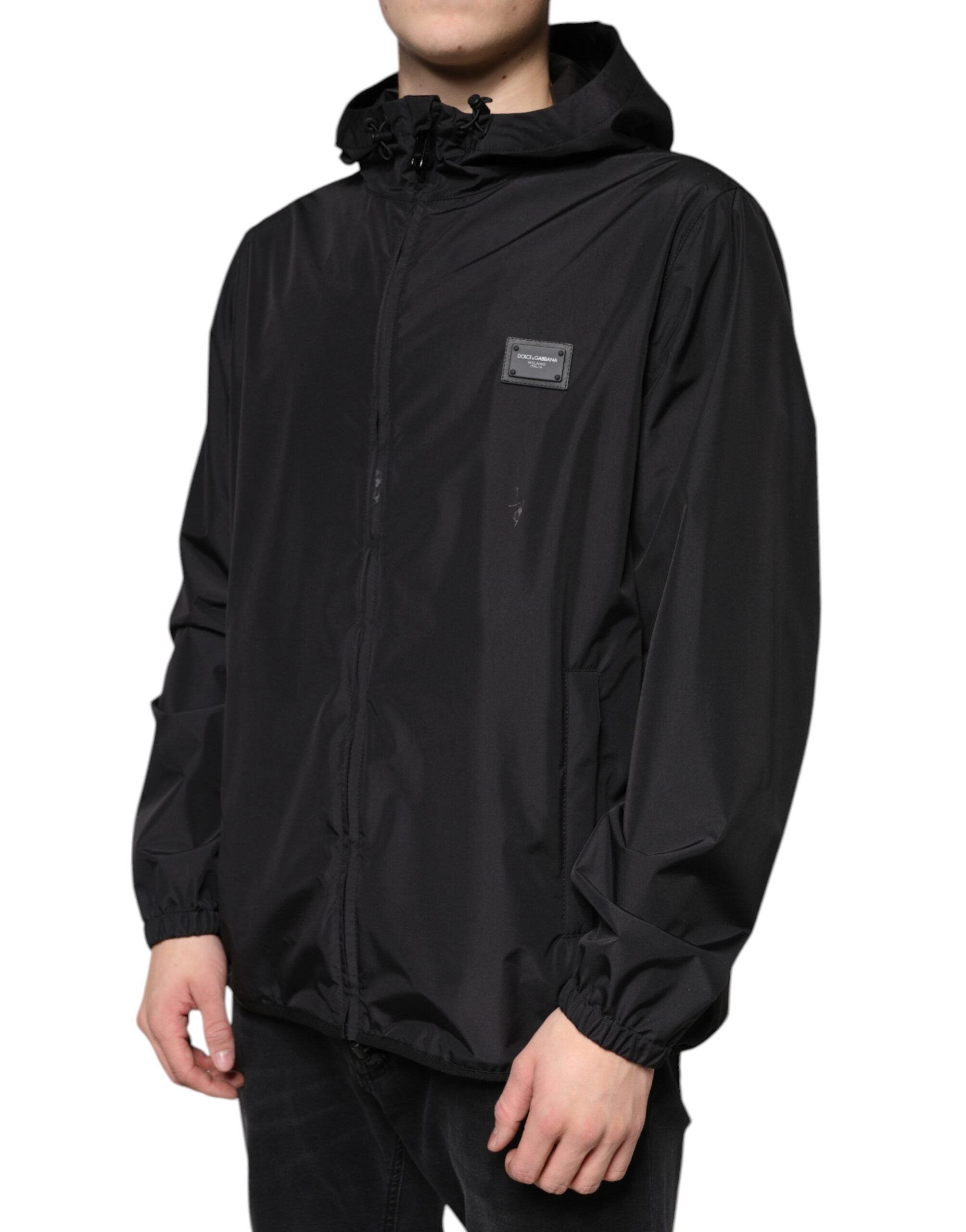 Dolce & Gabbana Schwarze Polyesterjacke mit Kapuze und durchgehendem Reißverschluss für Herren
