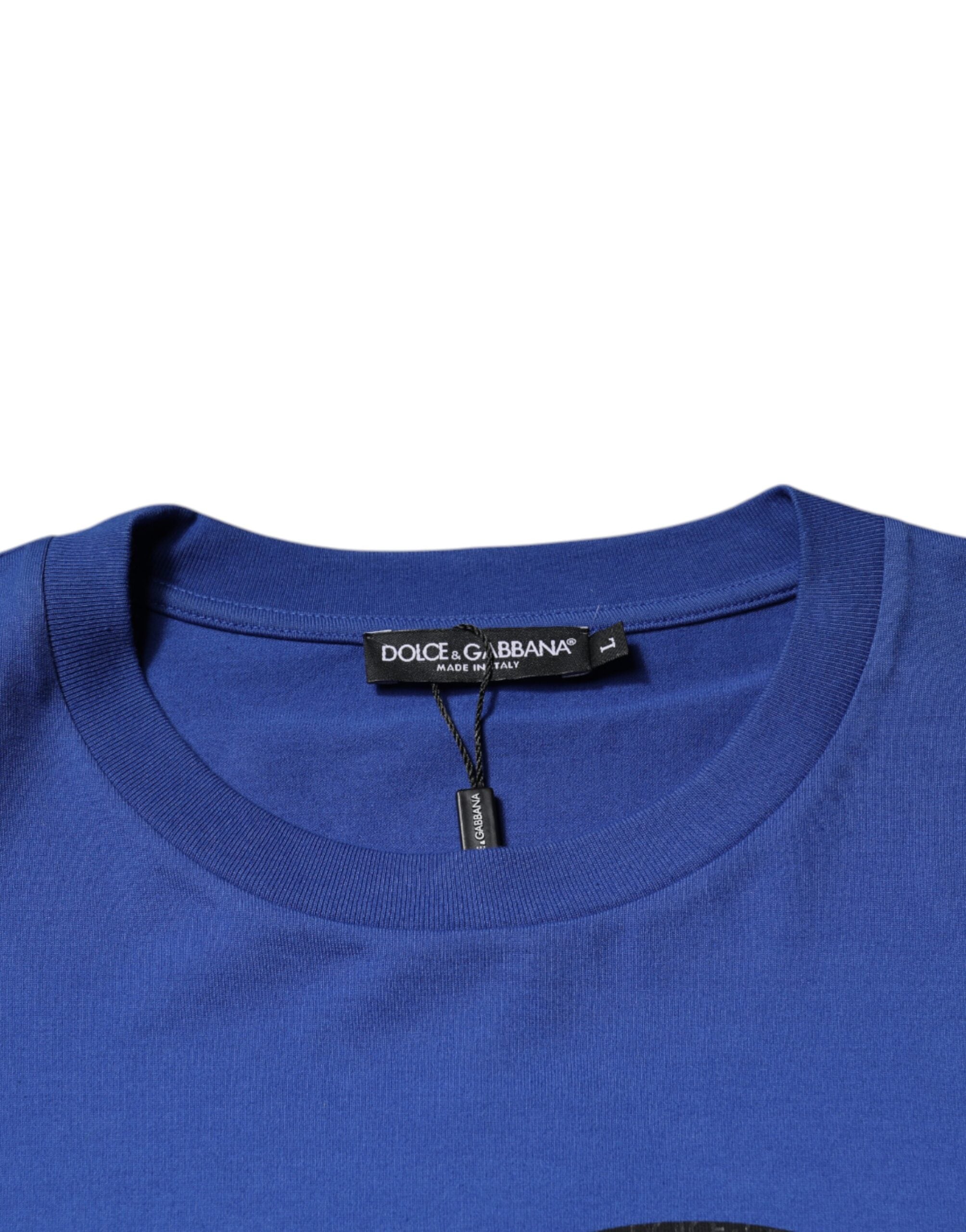 Dolce & Gabbana Tricou cu guler rotund pentru bărbați din bumbac cu imprimeu albastru cu logo