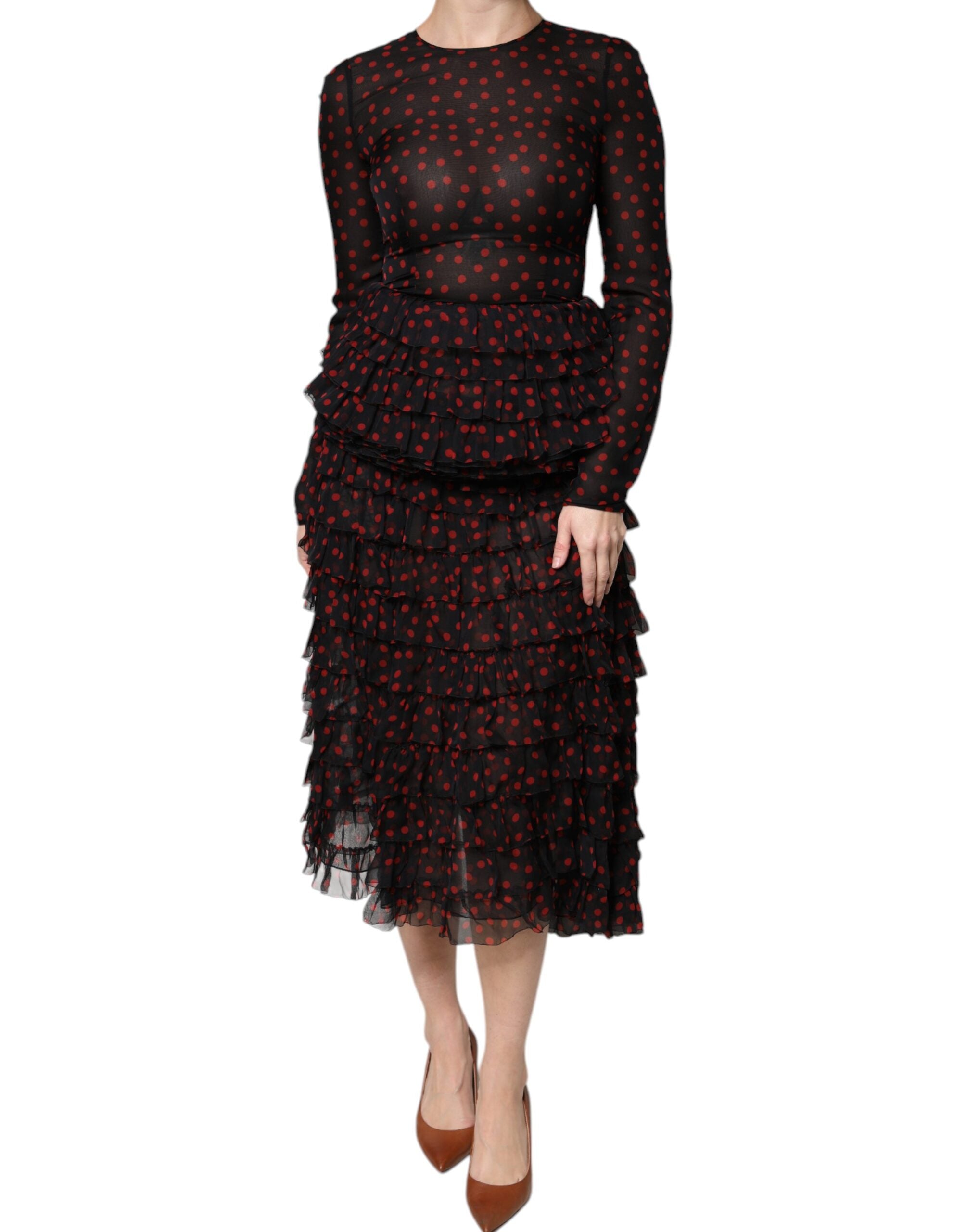 Rochie midi stratificată din mătase cu buline negre și roșii Dolce & Gabbana