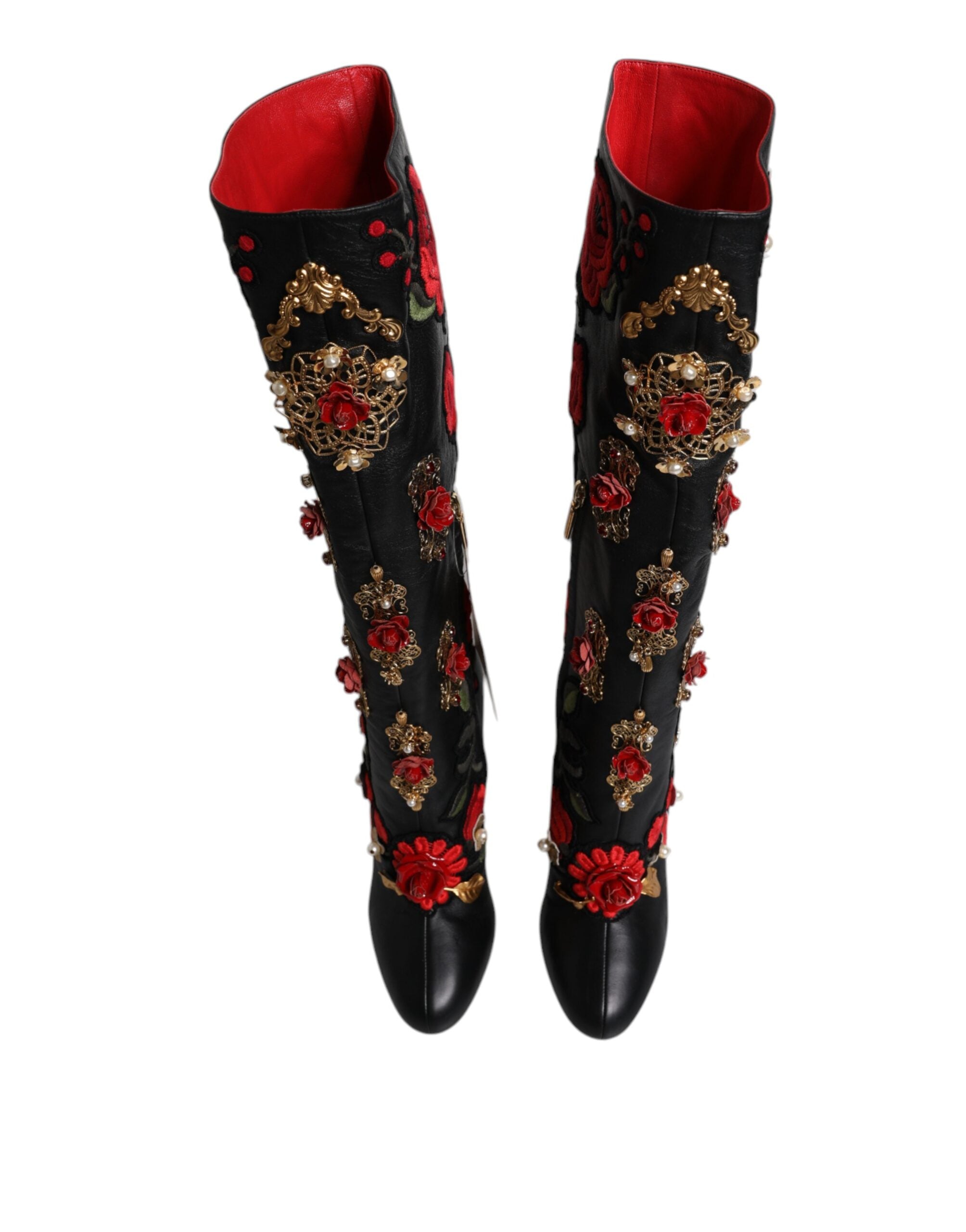 Dolce & Gabbana Schwarze Stiefeletten aus Leder mit Rosenverzierung