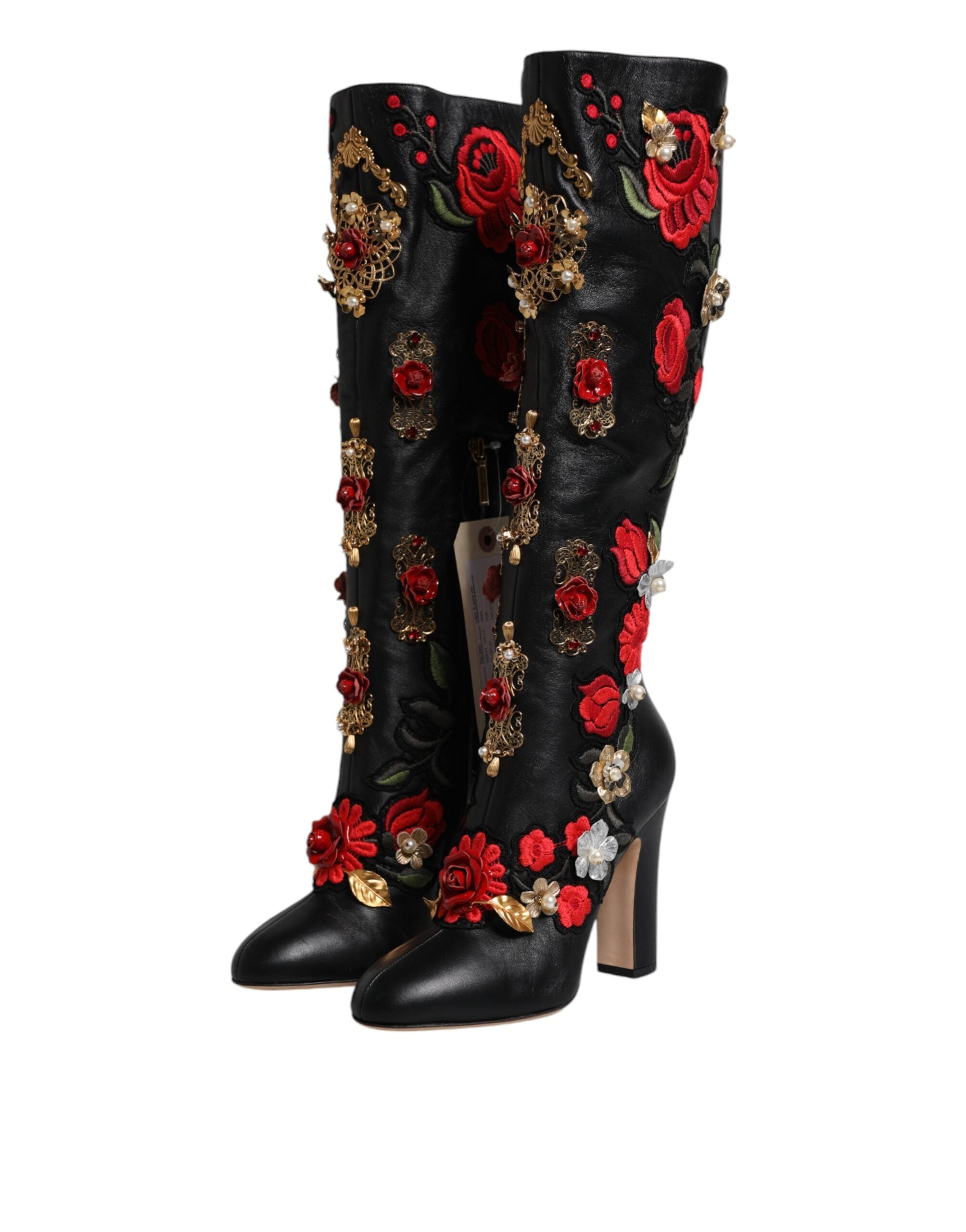 Dolce & Gabbana Schwarze Stiefeletten aus Leder mit Rosenverzierung