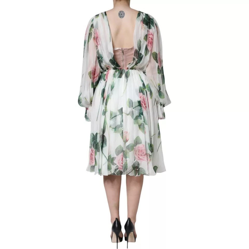 Rochie midi Dolce & Gabbana albă din mătase cu imprimeu floral, cu linie A