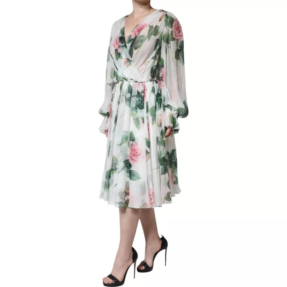 Rochie midi Dolce & Gabbana albă din mătase cu imprimeu floral, cu linie A