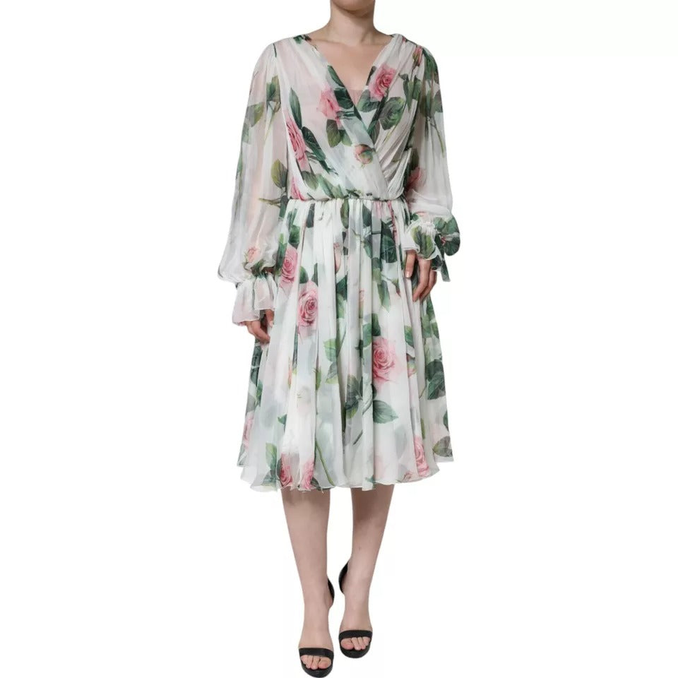 Rochie midi Dolce & Gabbana albă din mătase cu imprimeu floral, cu linie A