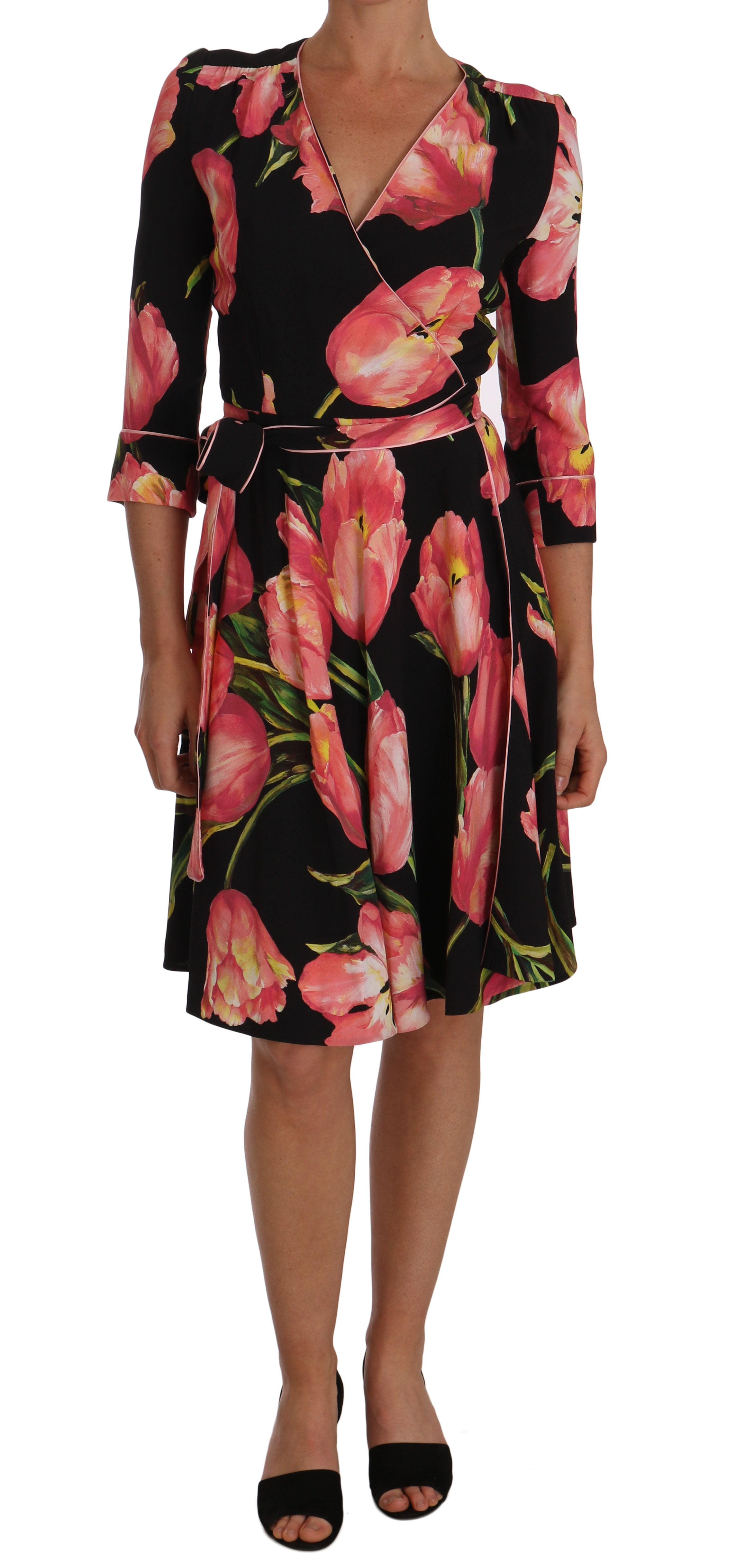 Dolce & Gabbana Elegantes schwarzes Etuikleid mit rosa Tulpen-Print