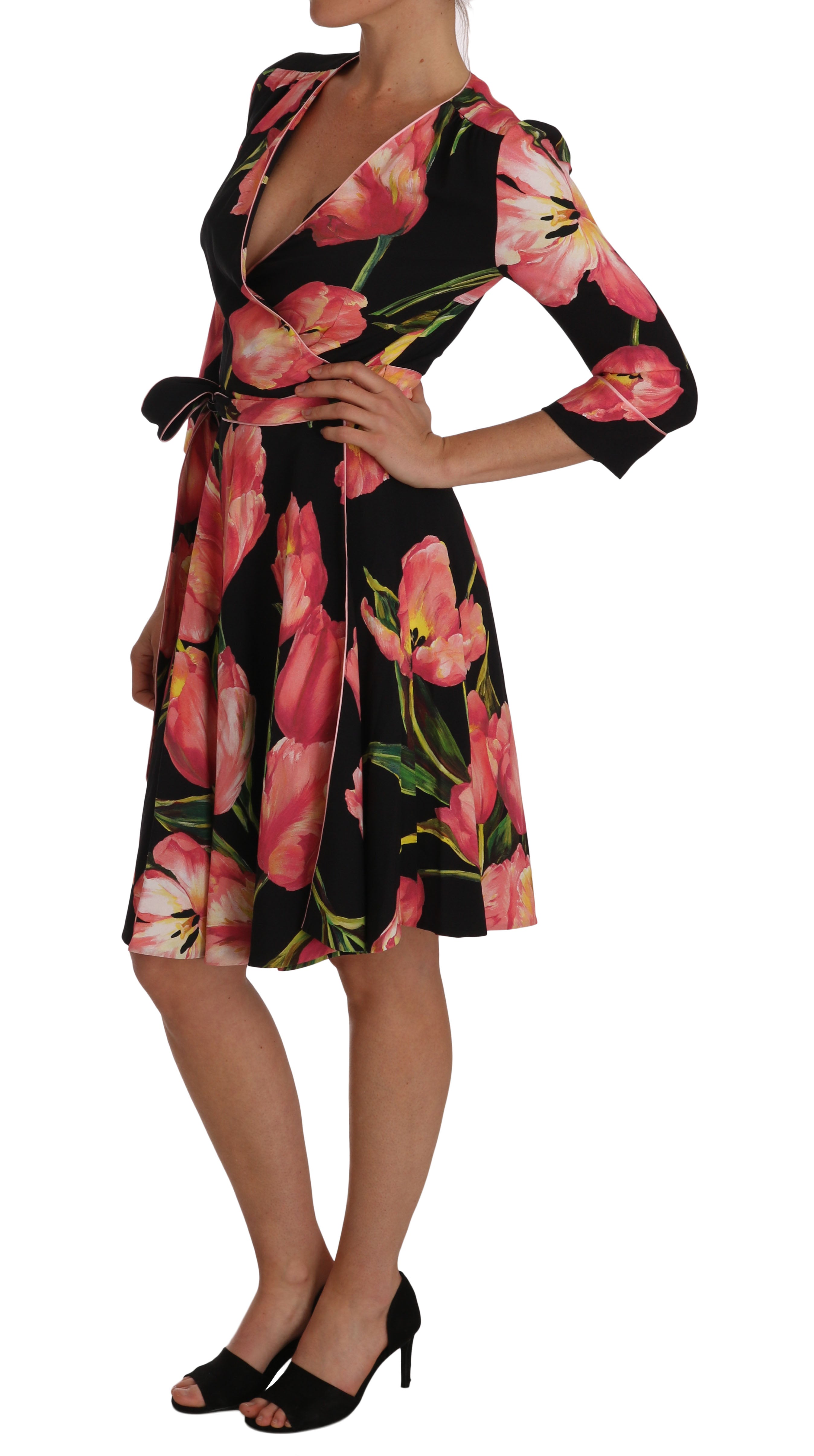 Dolce & Gabbana Elegantes schwarzes Etuikleid mit rosa Tulpen-Print