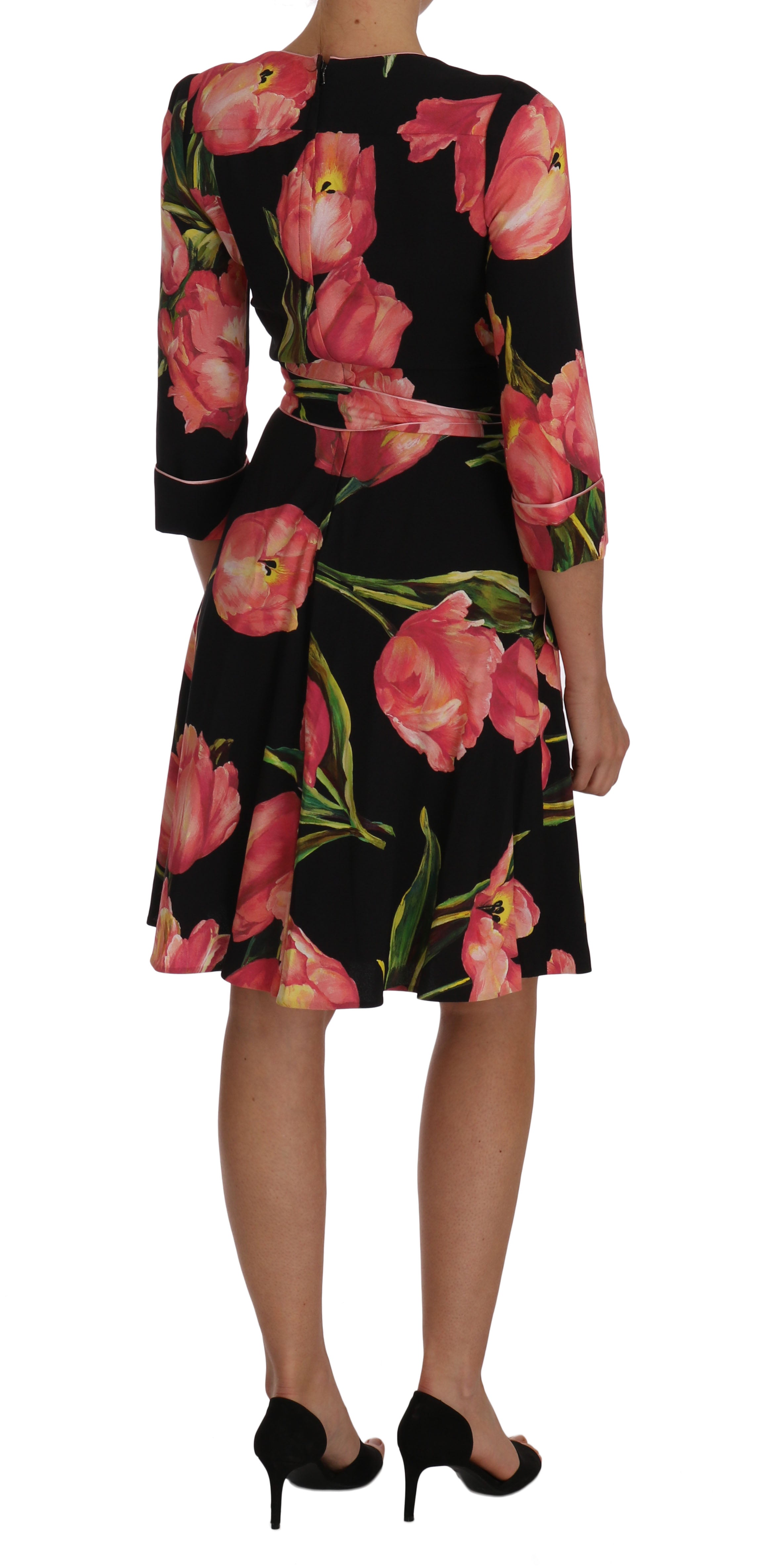 Dolce & Gabbana Elegantes schwarzes Etuikleid mit rosa Tulpen-Print