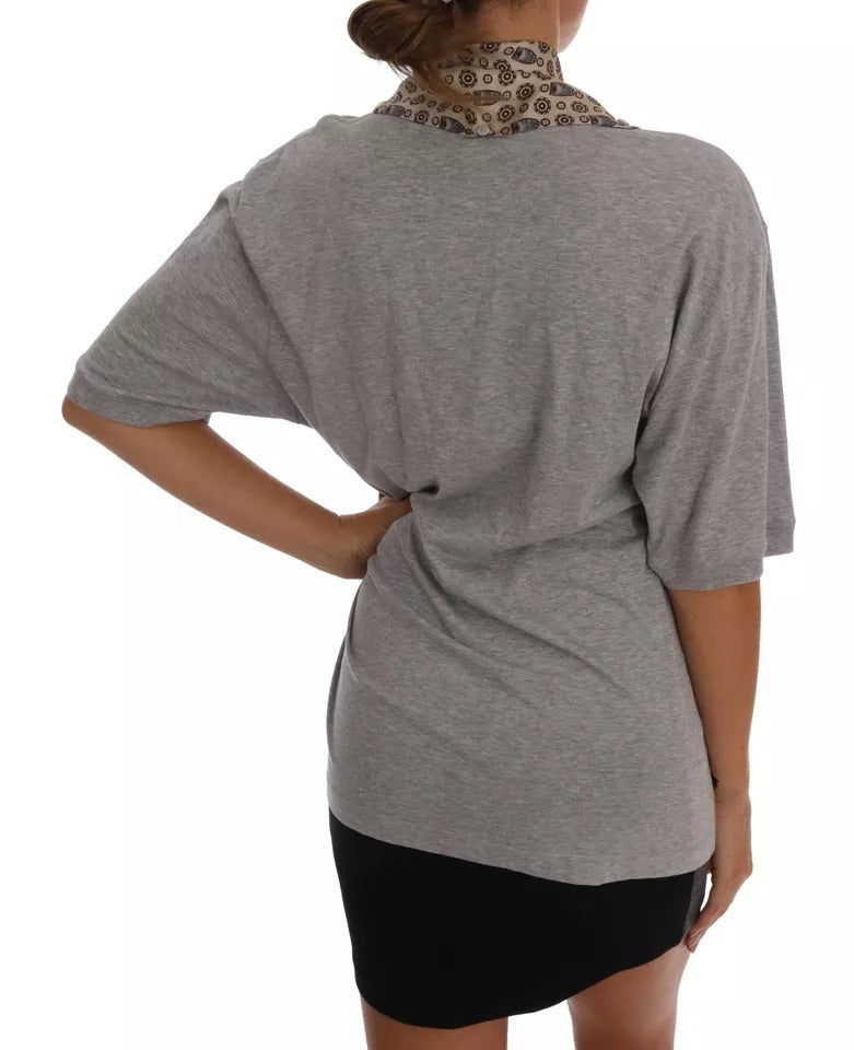 Tricou Dolce & Gabbana gri din bumbac cu eșarfă de mătase și bufniță
