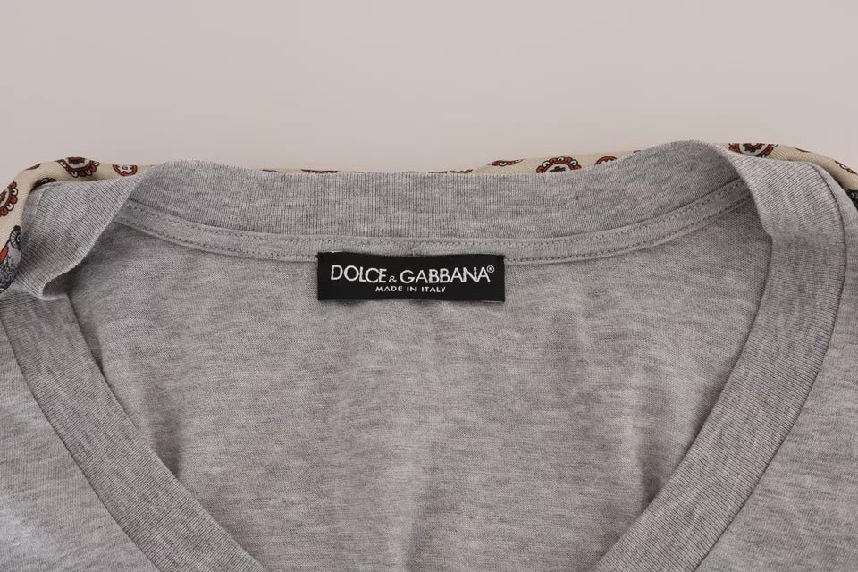 Tricou Dolce & Gabbana gri din bumbac cu eșarfă de mătase și bufniță