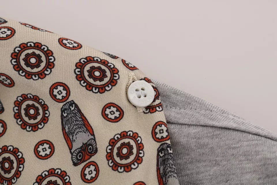 Tricou Dolce & Gabbana gri din bumbac cu eșarfă de mătase și bufniță