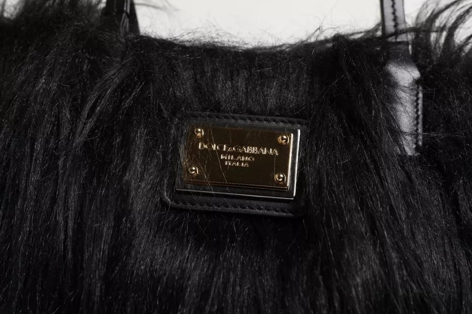 Dolce & Gabbana Geantă de umăr cu mâner dublu și logo din blană neagră