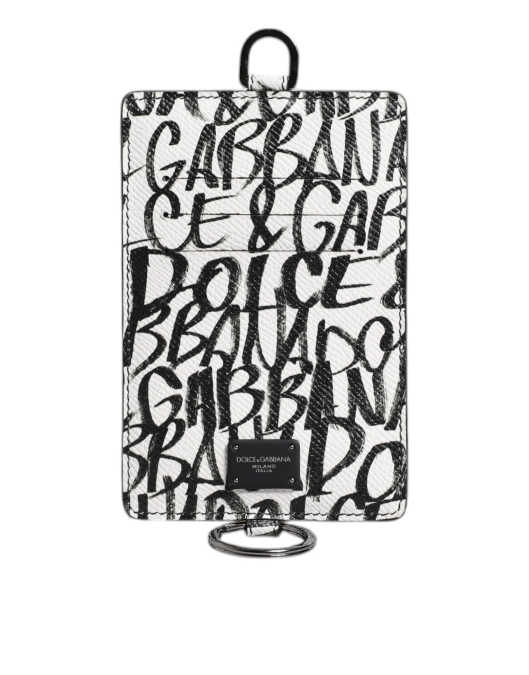 Dolce & Gabbana – Kartenetui aus weißem Leder mit Lanyard und Logo-Print