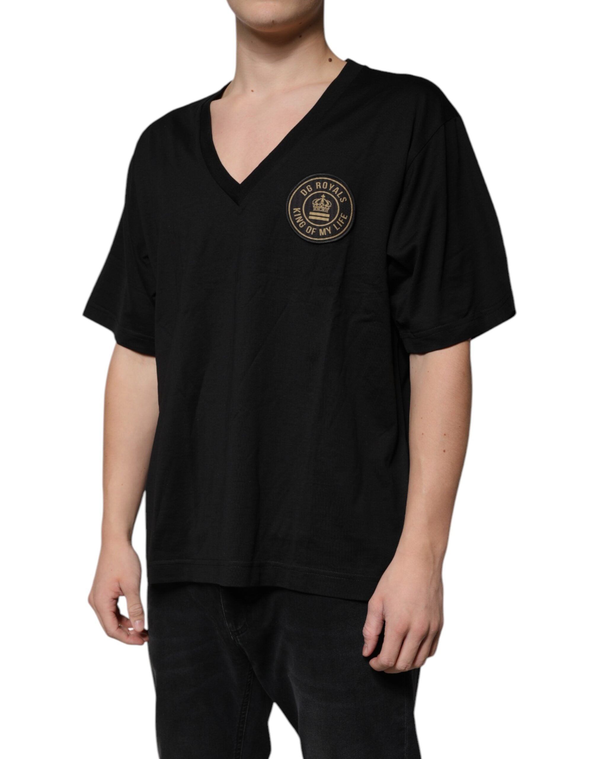 Tricou Dolce & Gabbana negru din bumbac cu mânecă scurtă și logo V-neck