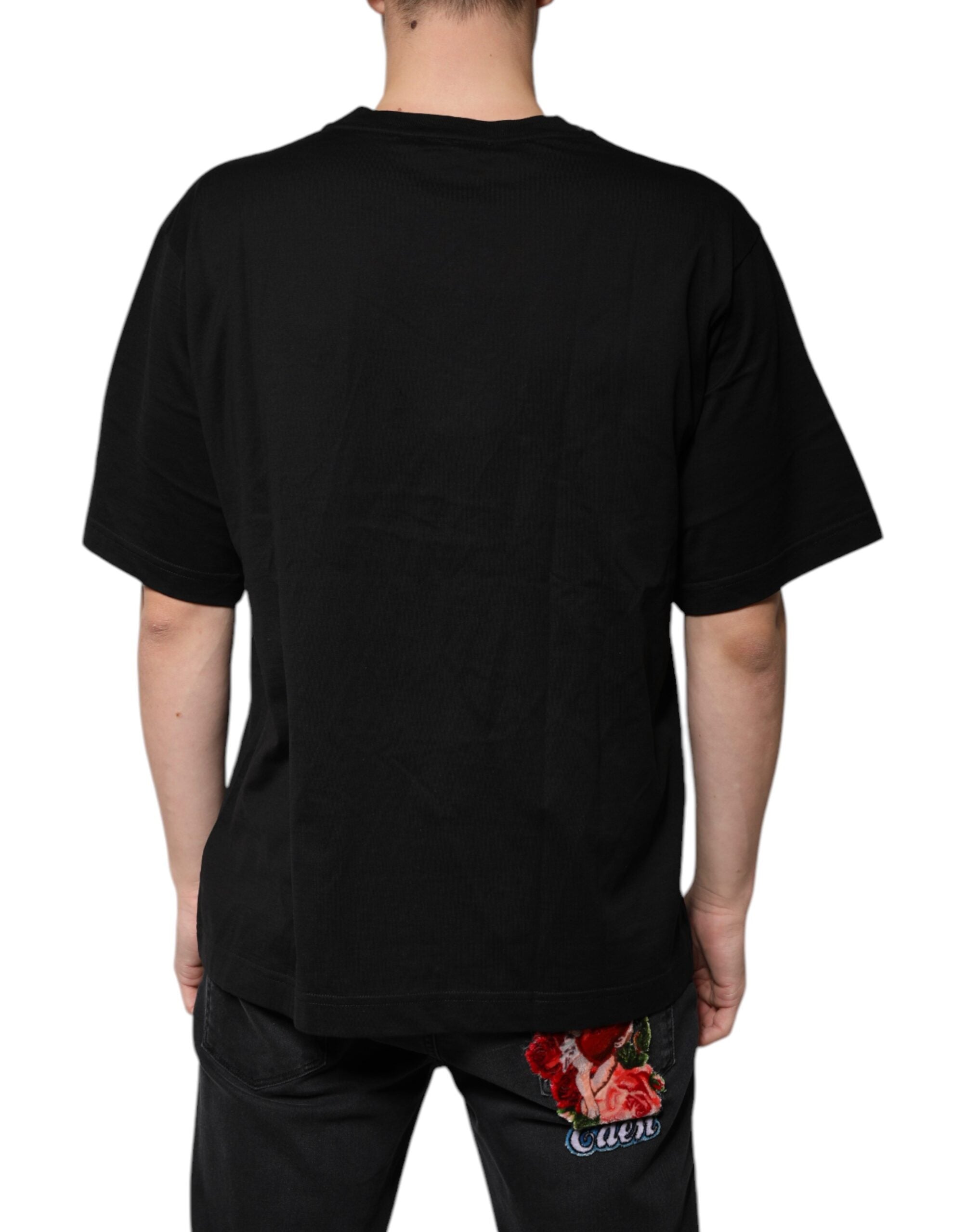 Tricou Dolce & Gabbana negru din bumbac cu mânecă scurtă și logo V-neck