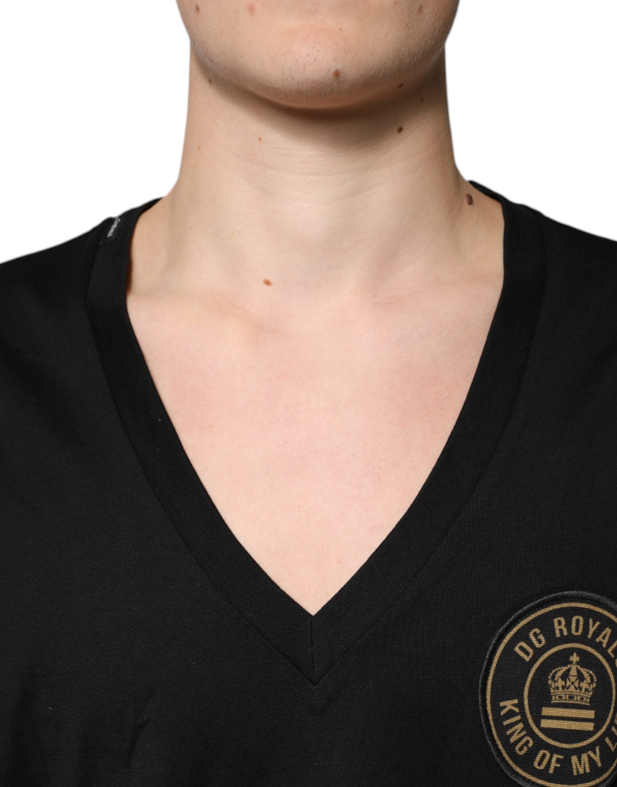 Tricou Dolce & Gabbana negru din bumbac cu mânecă scurtă și logo V-neck