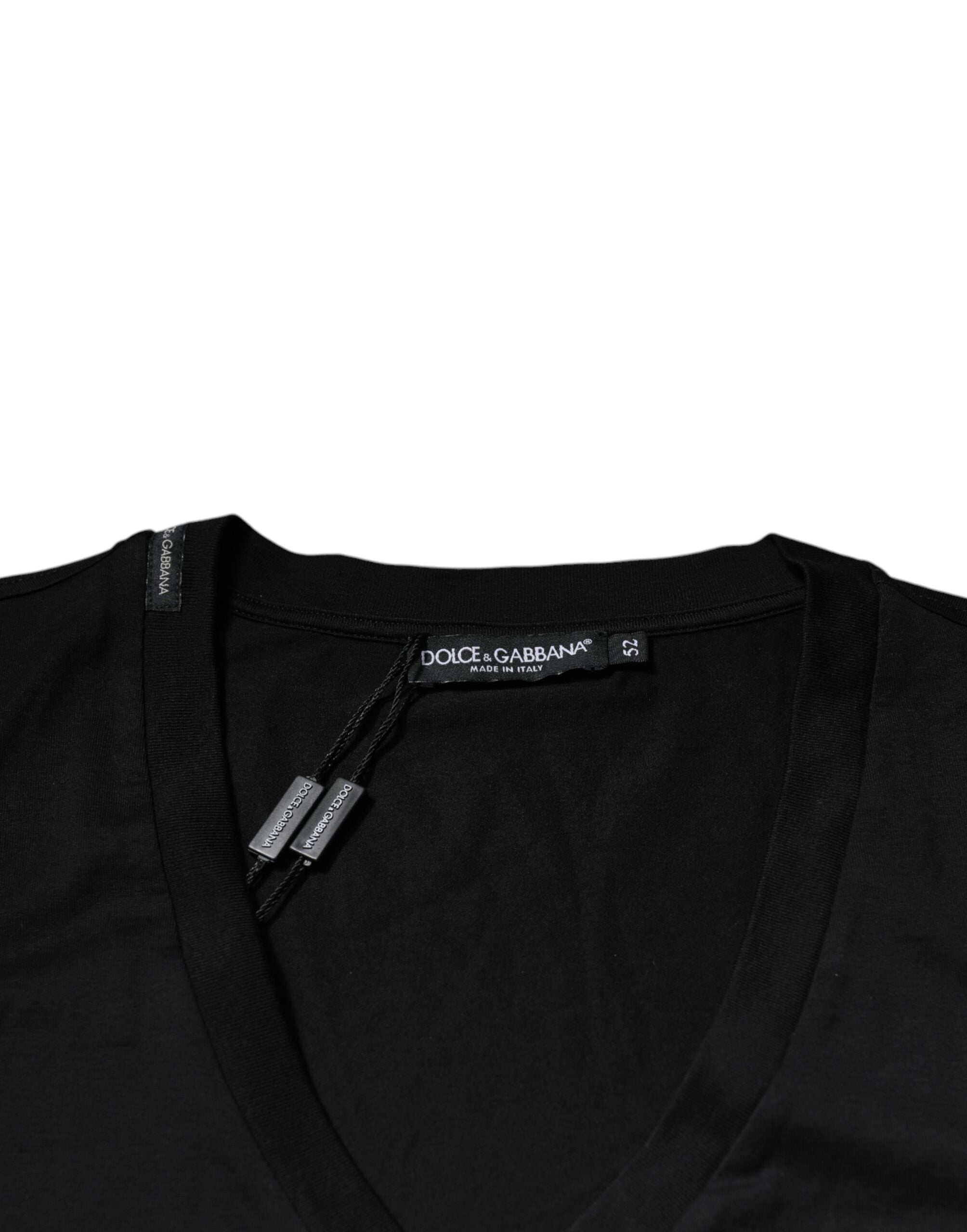 Tricou Dolce & Gabbana negru din bumbac cu mânecă scurtă și logo V-neck