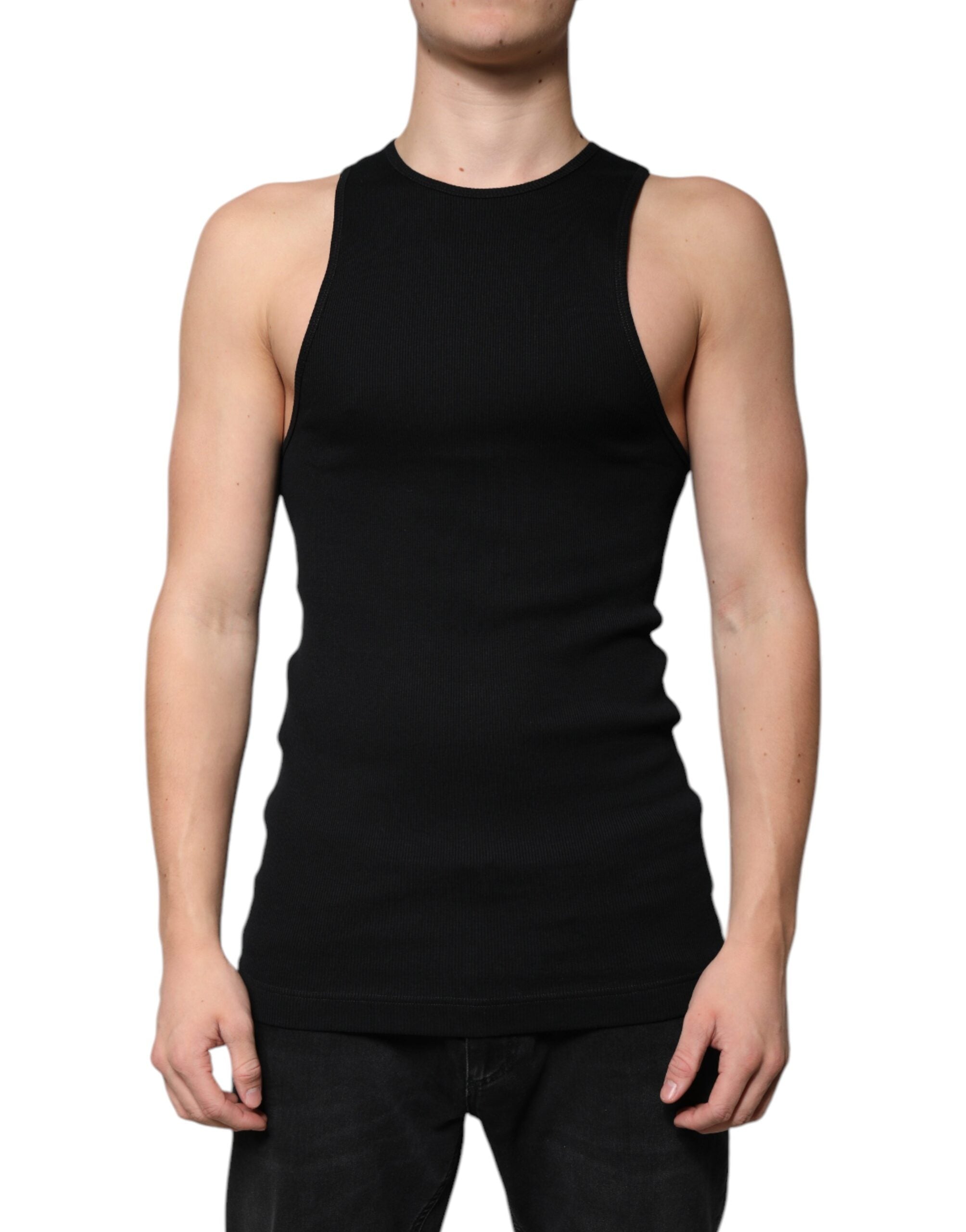 Tricou Dolce & Gabbana negru din bumbac, fără mâneci, cu guler rotund