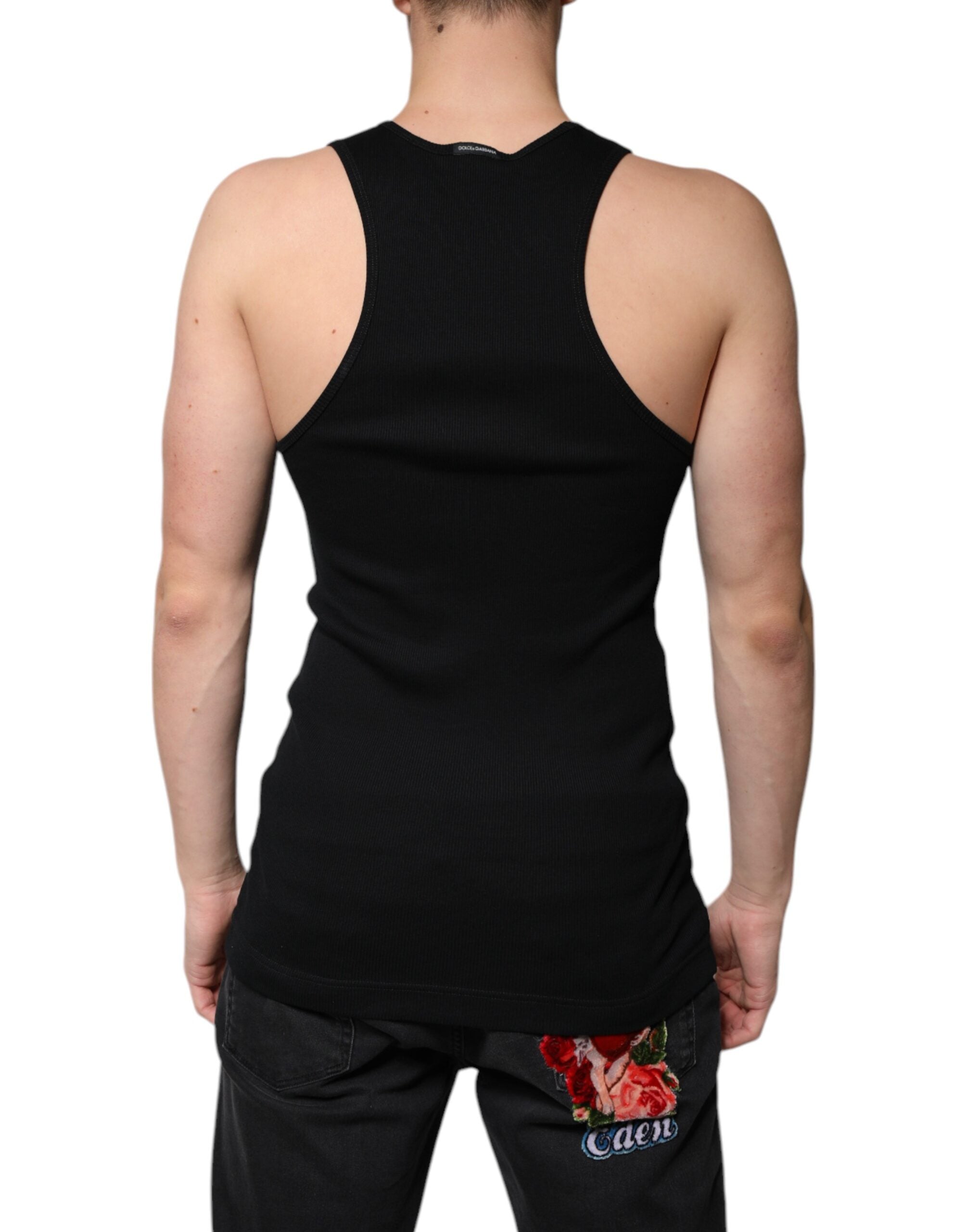 Tricou Dolce & Gabbana negru din bumbac, fără mâneci, cu guler rotund