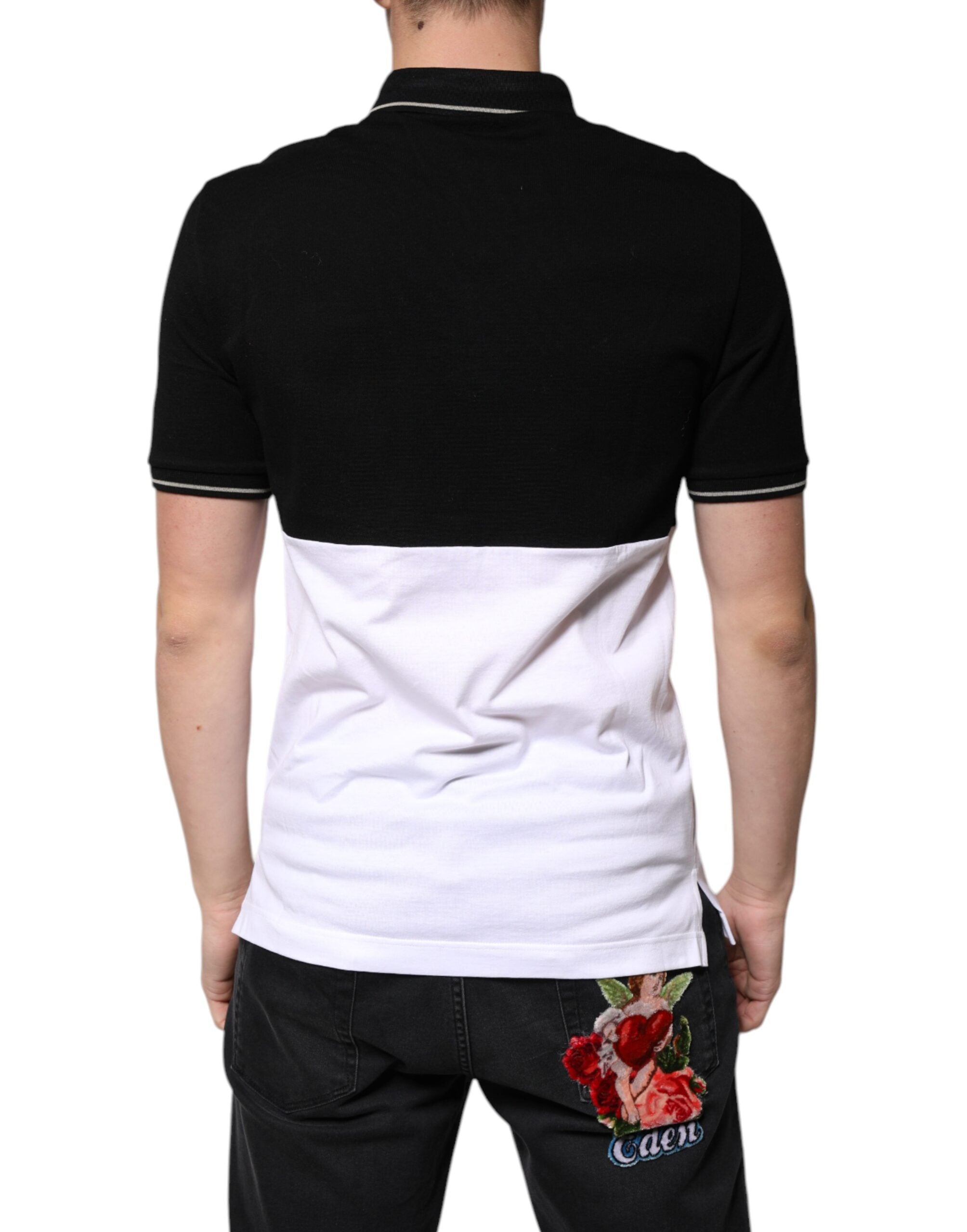 Tricou polo cu mânecă scurtă din bumbac alb-negru Dolce & Gabbana