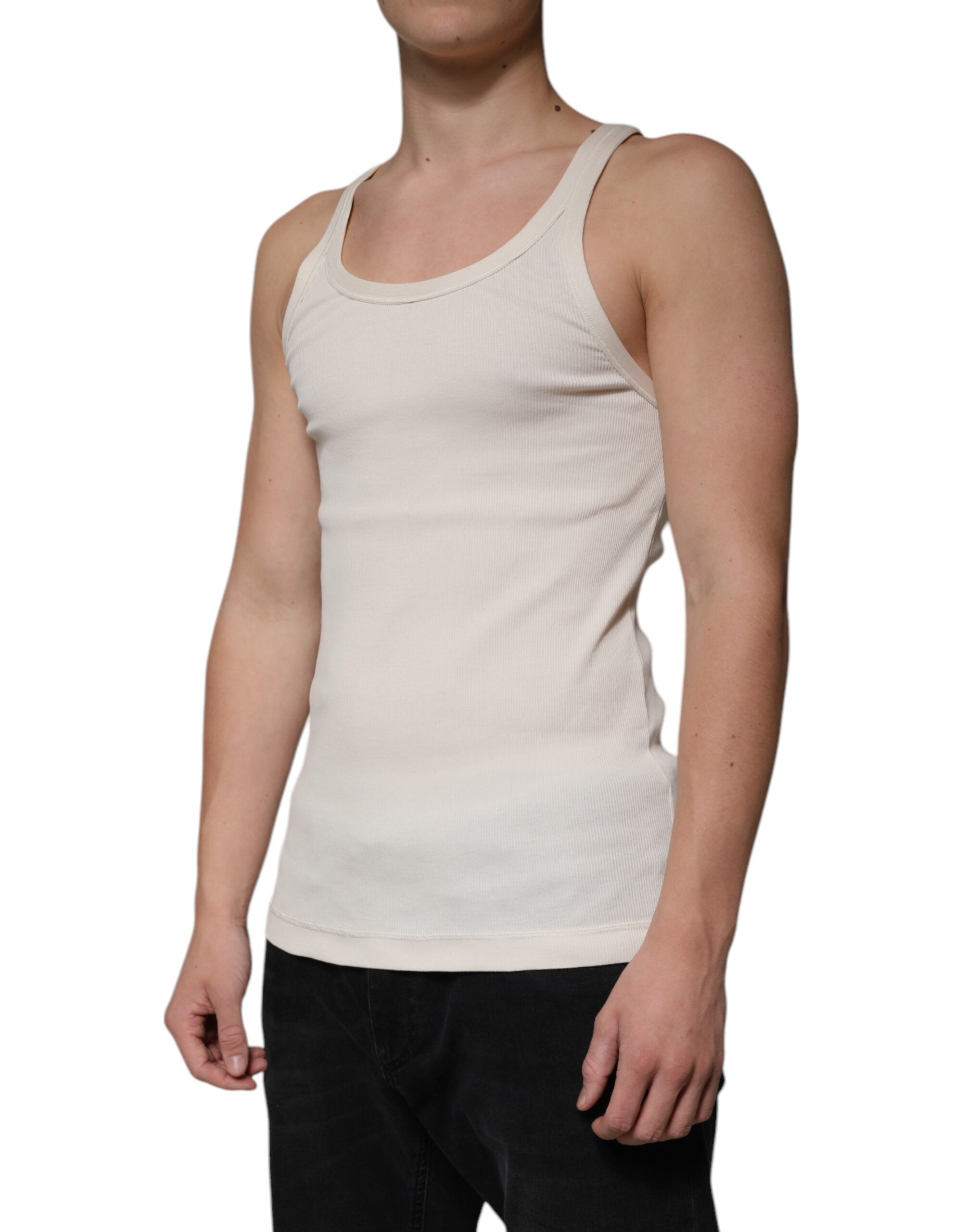 Dolce & Gabbana – Ärmelloses Tank-T-Shirt aus Baumwolle mit Rundhalsausschnitt in Off-White