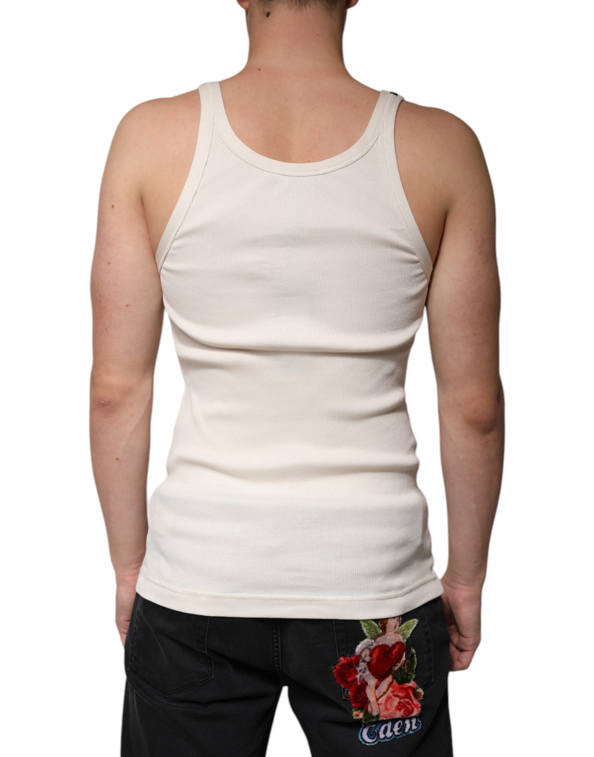 Dolce & Gabbana – Ärmelloses Tank-T-Shirt aus Baumwolle mit Rundhalsausschnitt in Off-White