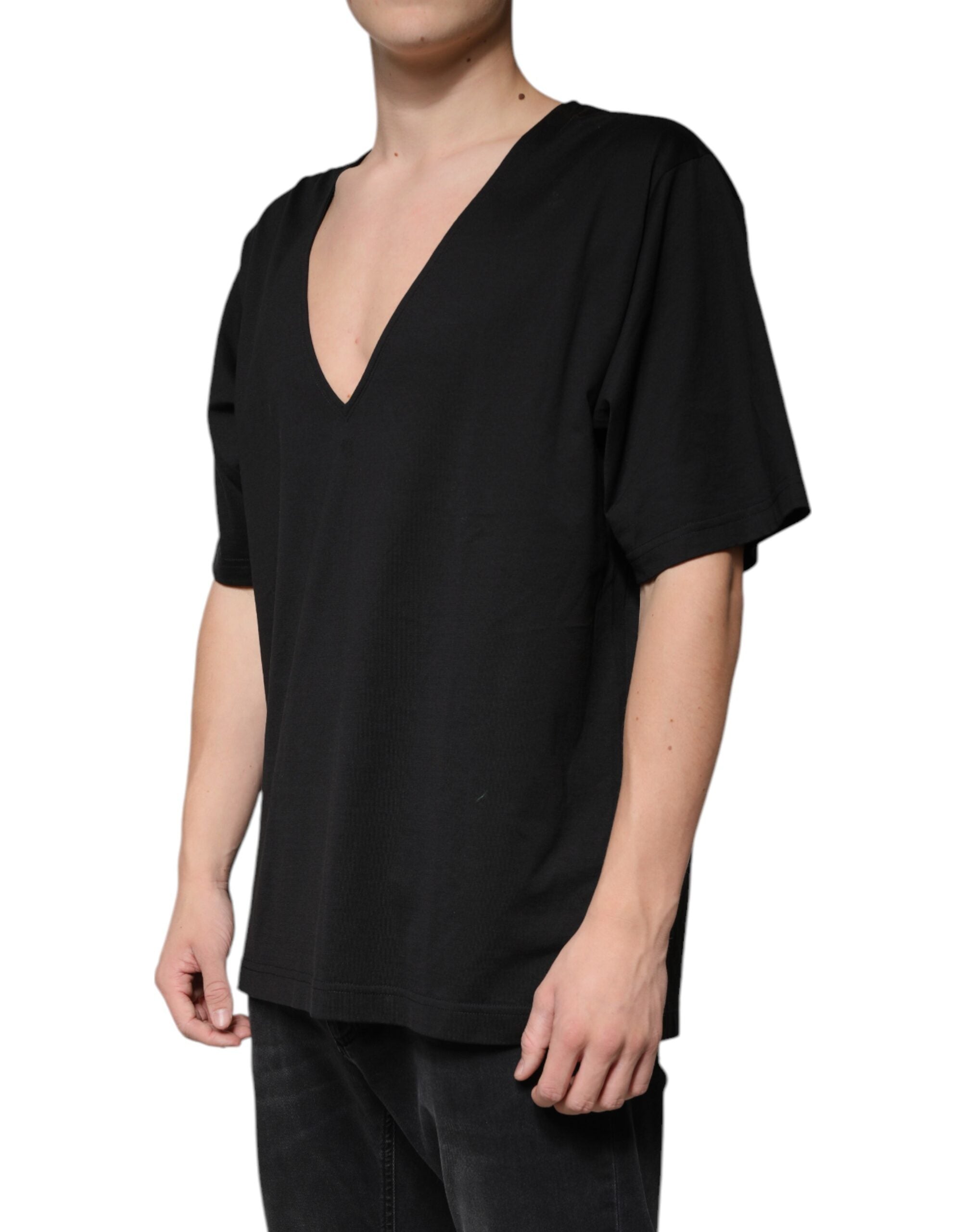 Dolce & Gabbana – Schwarzes T-Shirt aus Baumwolle mit V-Ausschnitt und kurzen Ärmeln